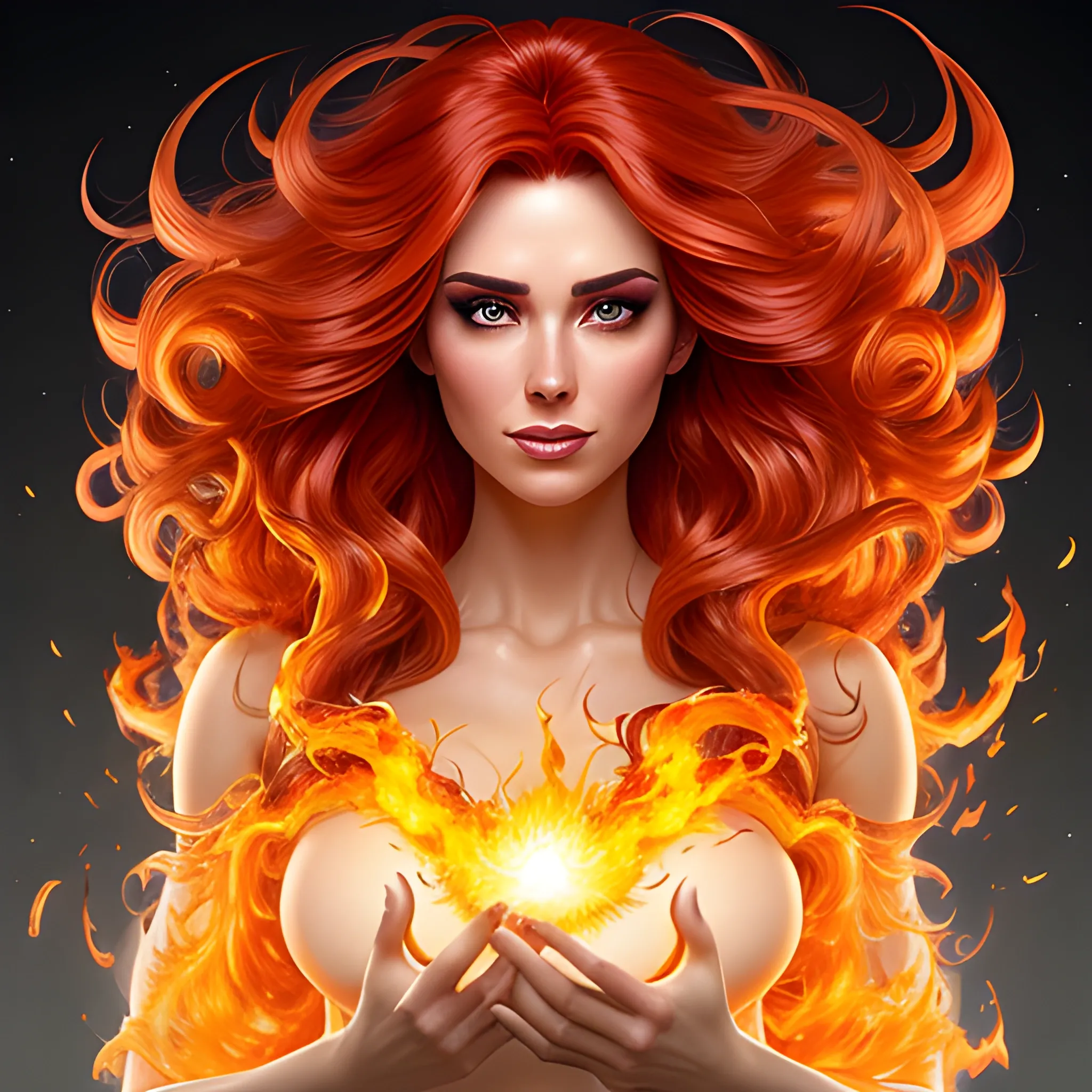 very detailed magical background, casting a bright large-scale magical spell around herself, casting fireball, realistic portrait of a innocent young teen girl, d&d magic fantasy, dark magical school robes, light curly hair, overflowing energy, highly detailed, digital painting, trending on artstation, pixiv, concept art, sharp focus, illustration, art by Ross Tran and Greg Rutkowski and Walt Disney animation, red flaming hair, magical flaming hair, fire hair, hair on fire, magic hair, burning hair, magical background,