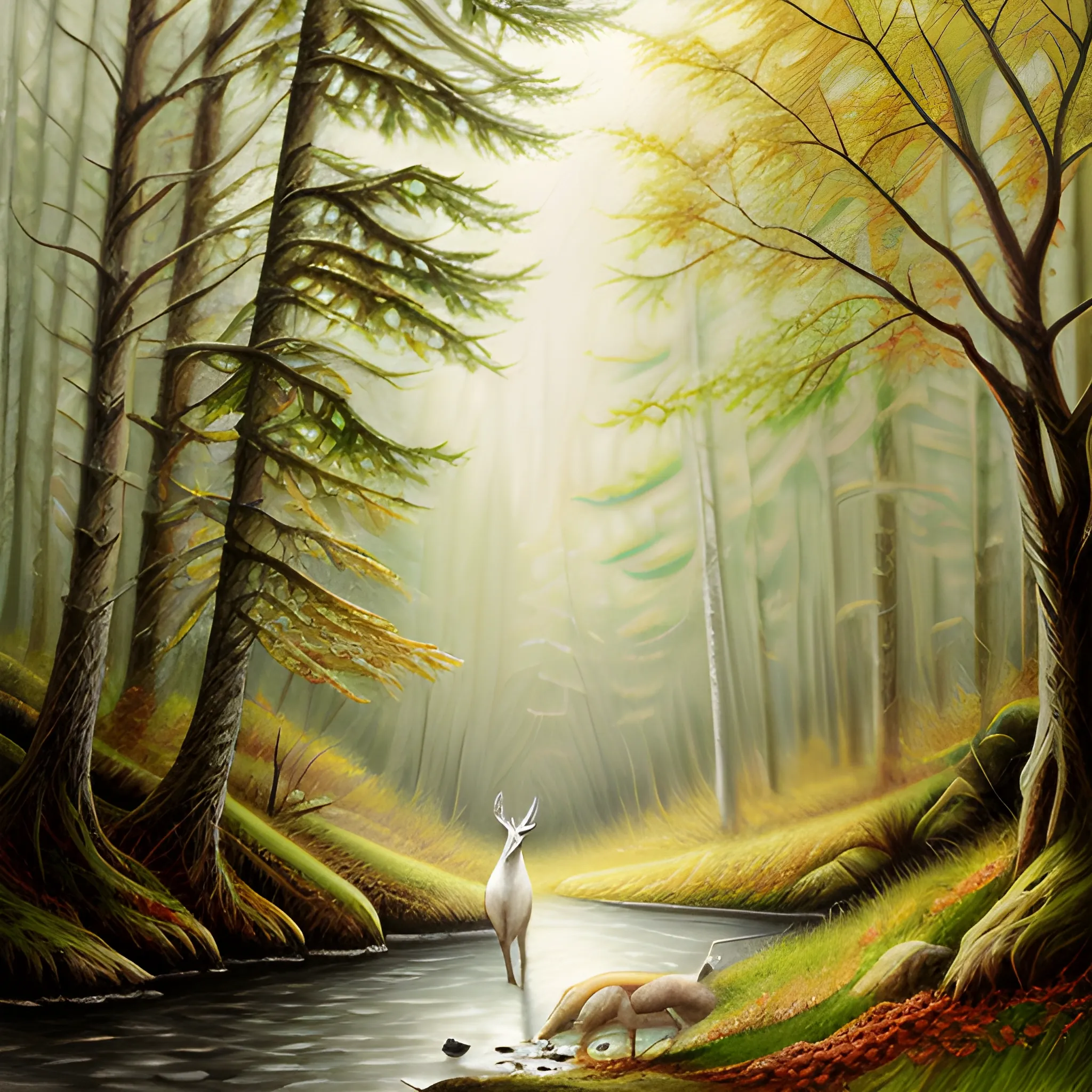  white deer and young golden hair girl in forest
, Pencil Sketch, Oil Painting