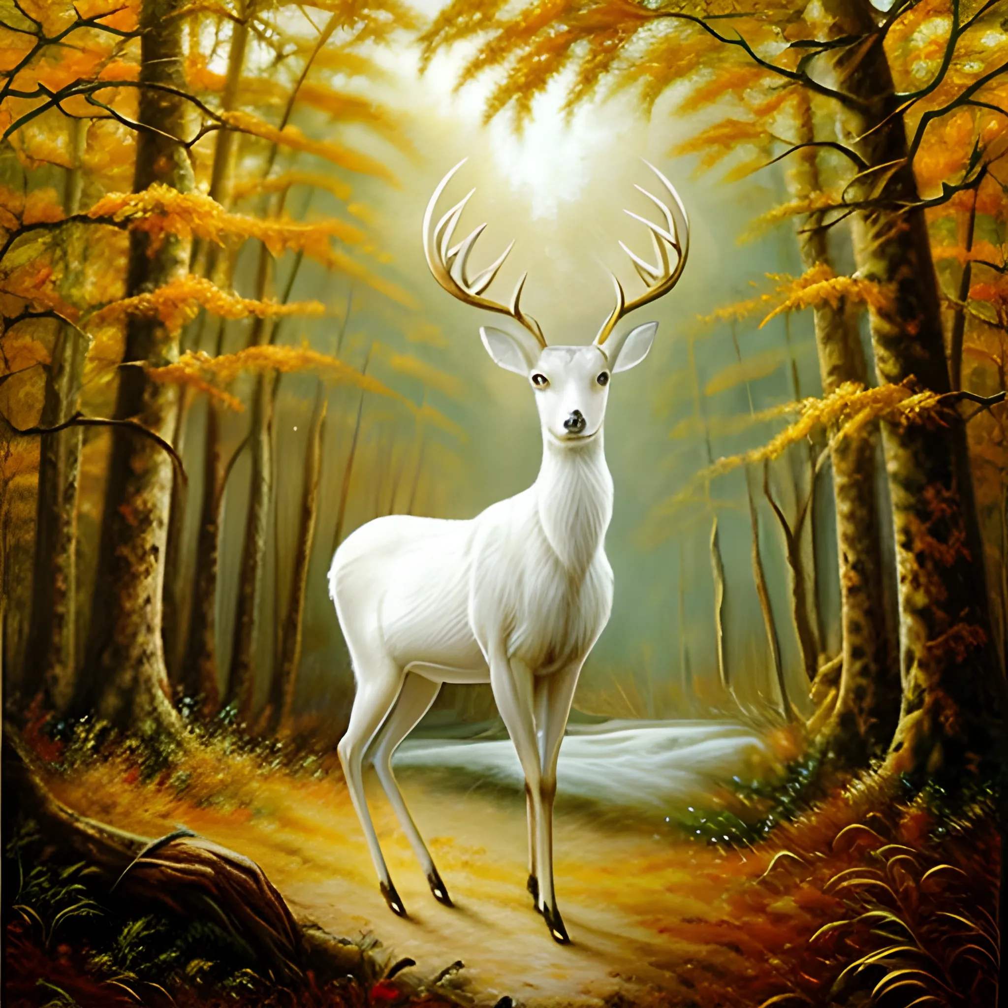  white deer and golden hair girl in forest
, Oil Painting