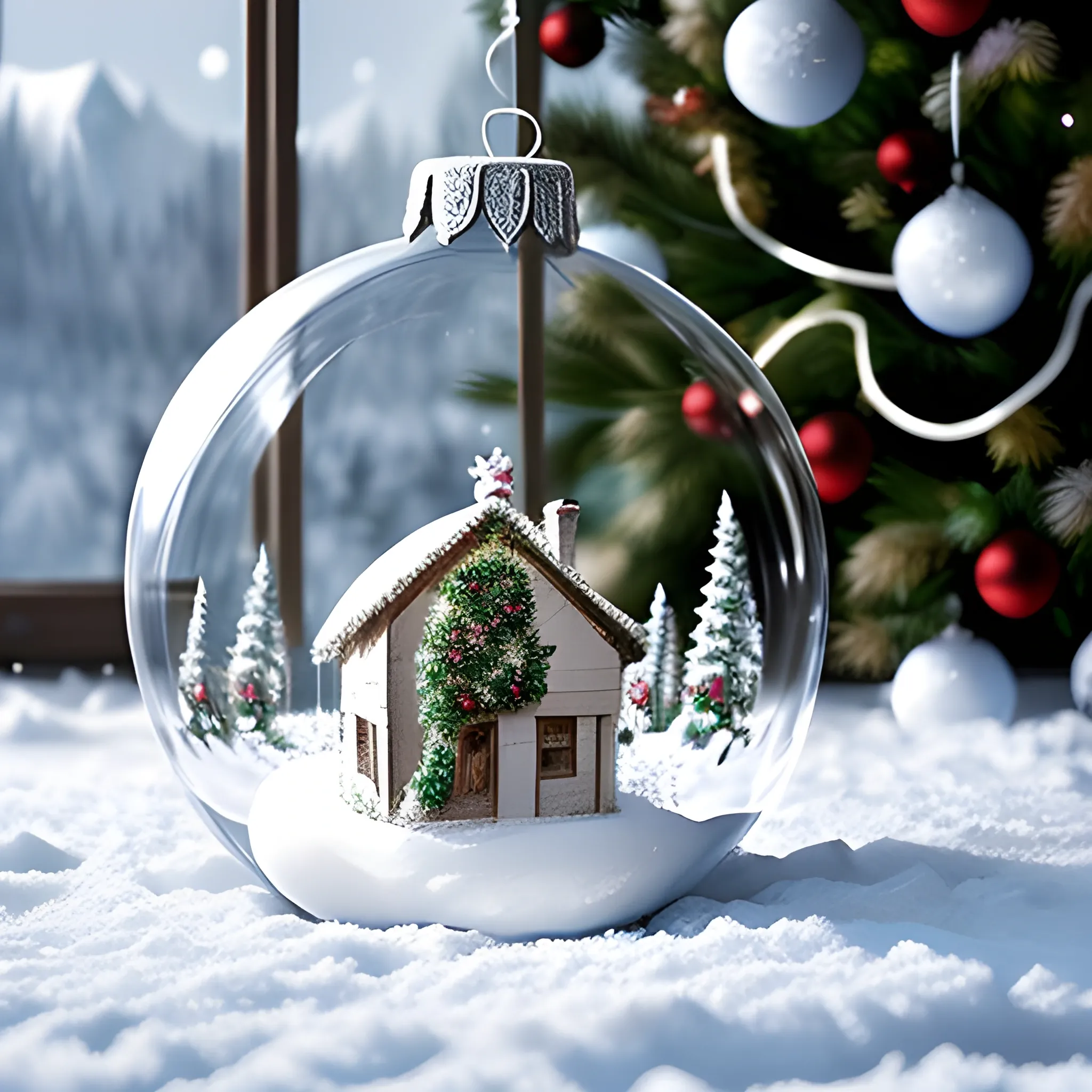 Glass christmas ball, outside is written tne name "Jenny", inside the ball the floor is snowy, and there is a chsrtistmas tree, a deer and a  hut, the background is christmas time and snowy, realistic, photograph