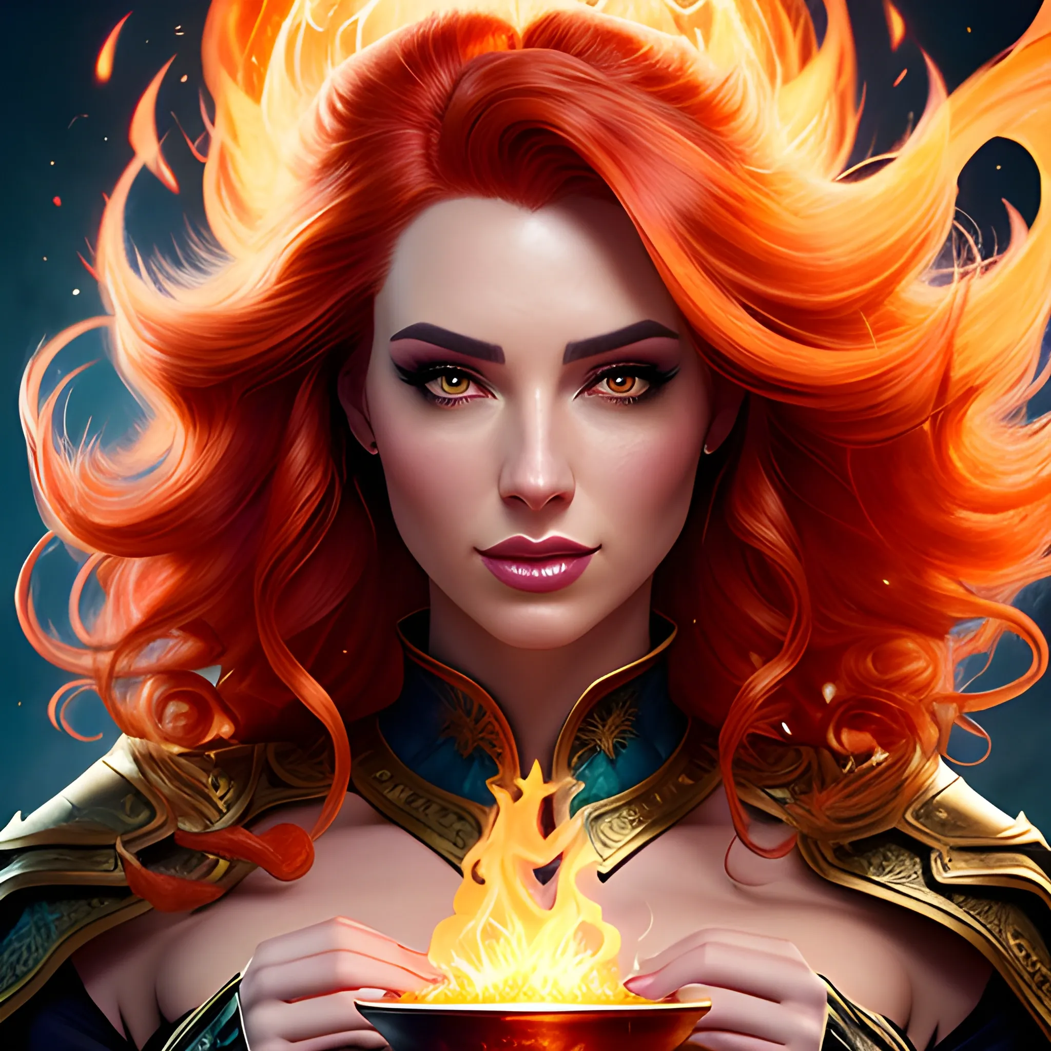 very detailed magical background, casting a bright large-scale magical spell around herself, casting fireball, realistic portrait of a innocent young teen girl, d&d magic fantasy, dark magical school robes, light curly hair, overflowing energy, highly detailed, digital painting, trending on artstation, pixiv, concept art, sharp focus, illustration, art by Ross Tran and Greg Rutkowski and Walt Disney animation, red flaming hair, magical flaming hair, fire hair, hair on fire, magic hair, burning hair, magical background,
