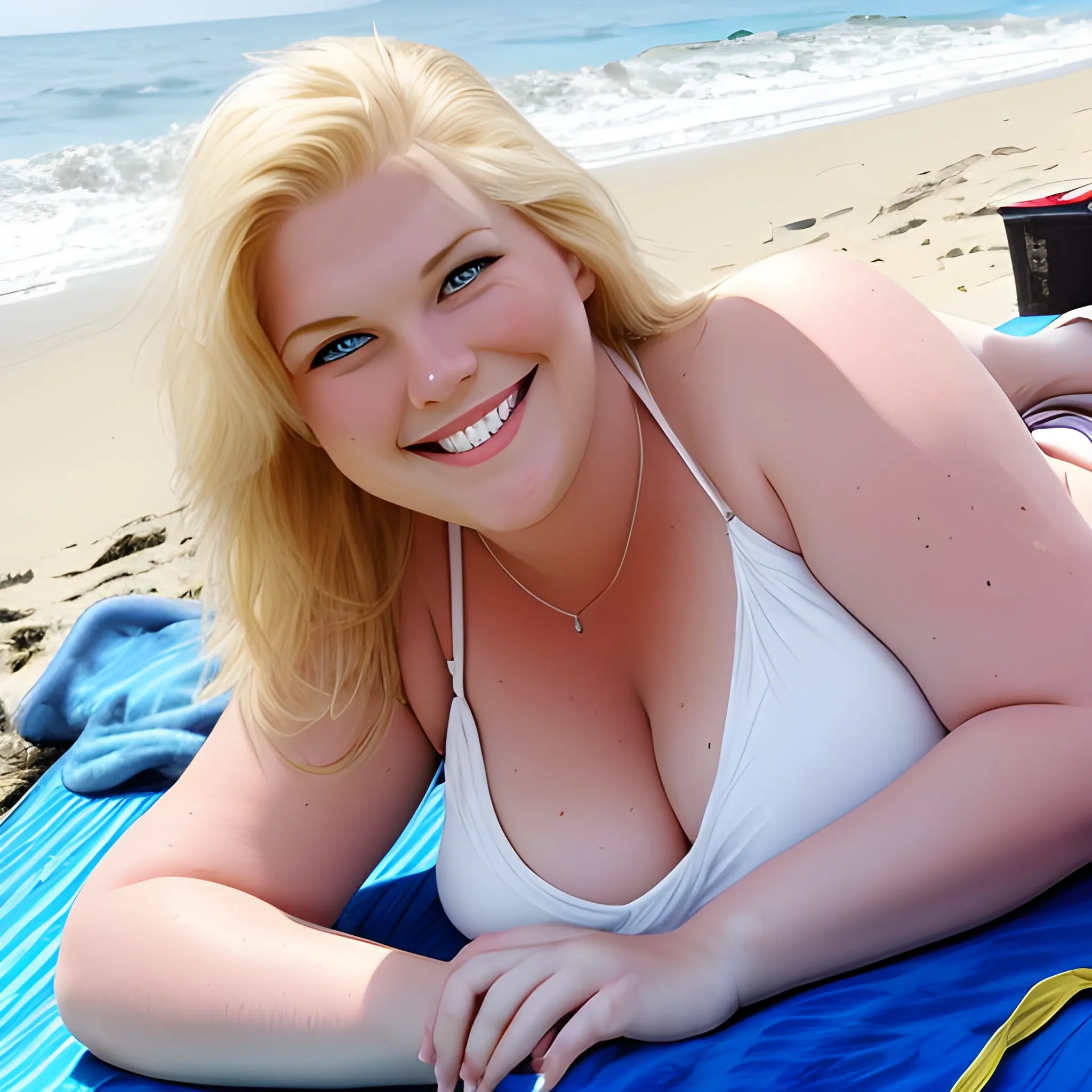 Beautiful tall plus-size smiling blonde woman laying
 on beach
