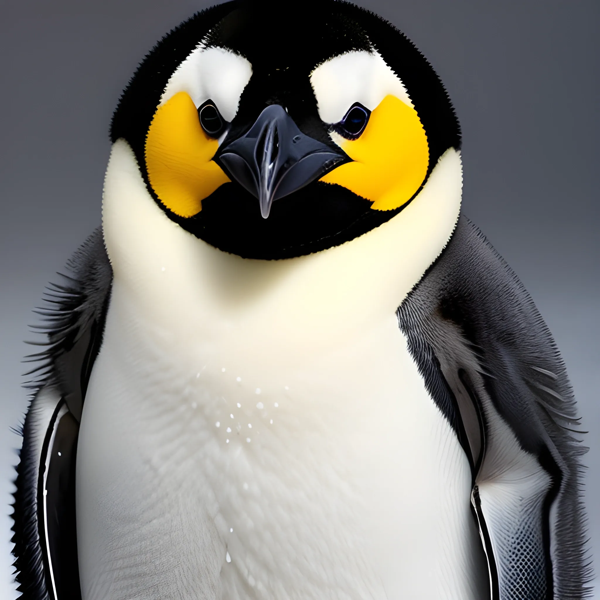 Photo, A newborn emperor penguin chick whose entire body is covered in fluffy black or silver feathers without any orange or yellow. Only the head, eyes, and beak are black, and the stomach and back are covered in fluffy silver feathers. The beak is short. It does not have a yellow one point.
