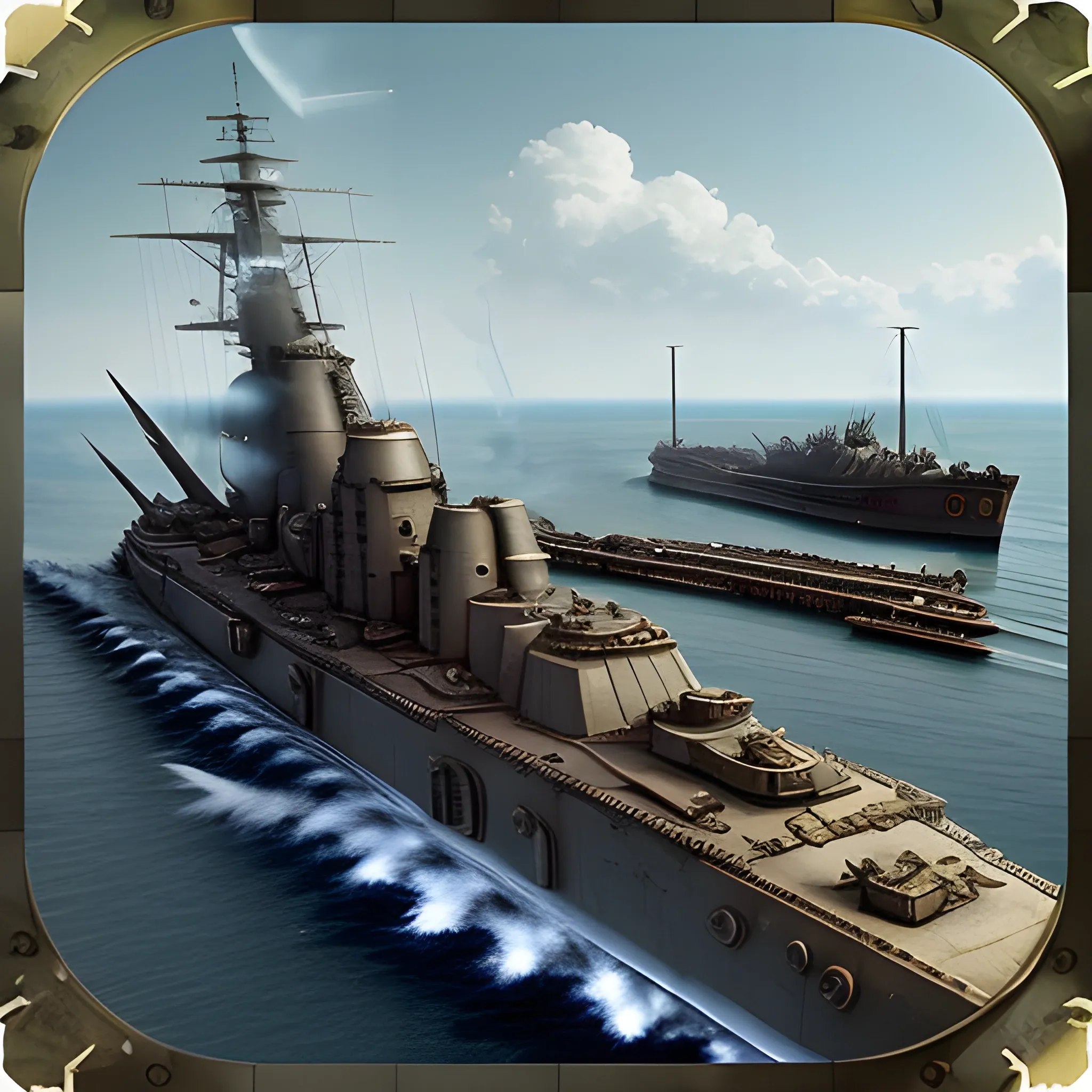 dieselpunk, collosal battleship, in port, gun turrets, multiple guns, brass hull, crewmen, turrets, steam stacks, crew on deck, battleship, battleship turrets, deck view, biplanes guarding ship, people, crew, 3D