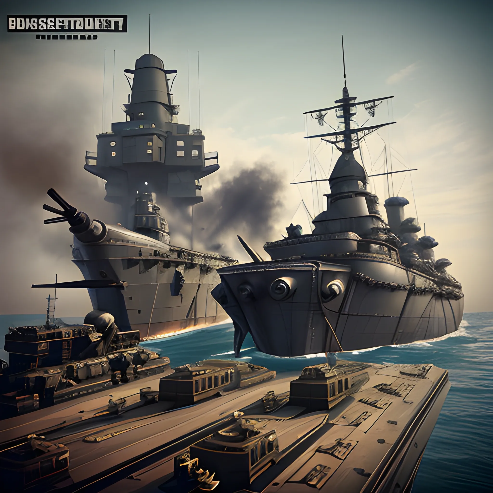 dieselpunk, collosal battleship, in port, gun turrets, multiple guns, brass hull, crewmen, turrets, steam stacks, crew on deck, battleship, battleship turrets, deck view, biplanes guarding ship, people, crew, 3D