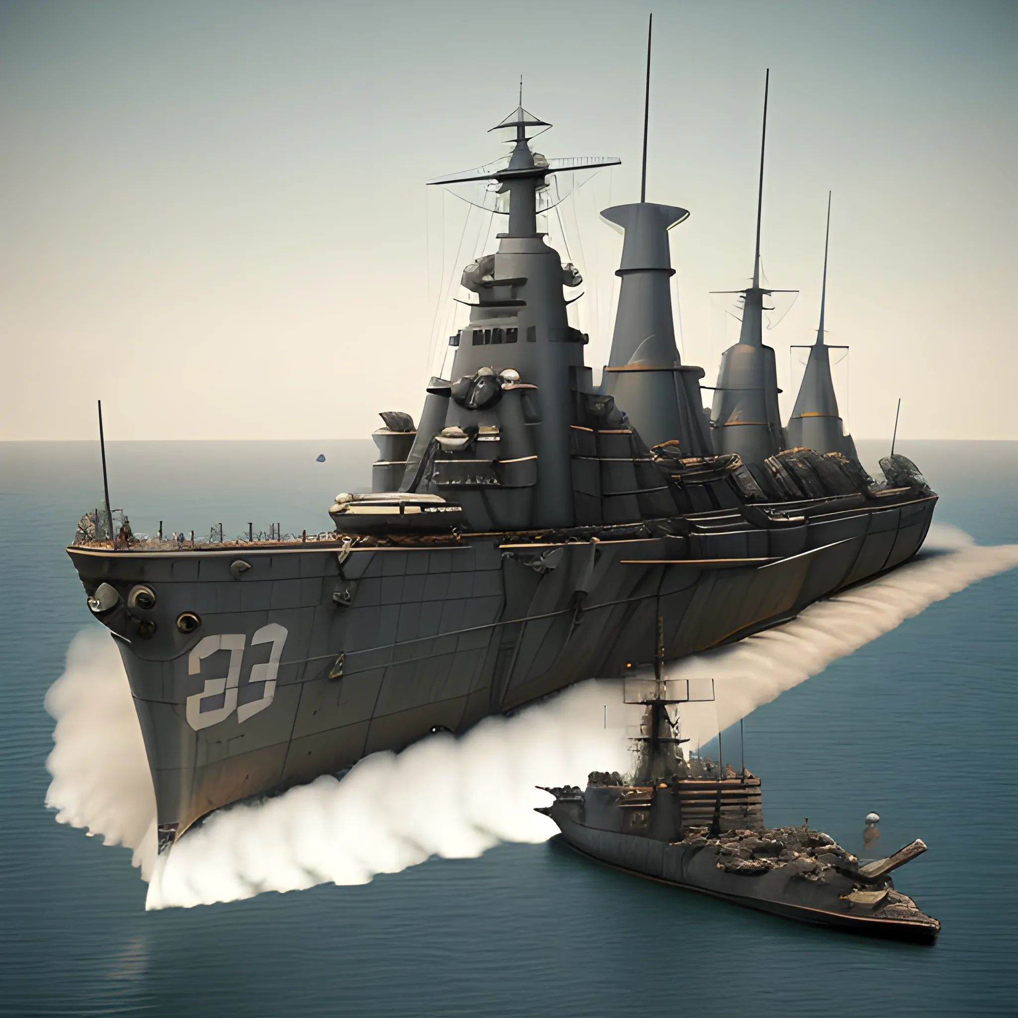 dieselpunk, collosal battleship, in port, gun turrets, multiple guns, brass hull, crewmen, turrets, steam stacks, crew on deck, battleship, battleship turrets, deck view, biplanes guarding ship, people, crew, 3D