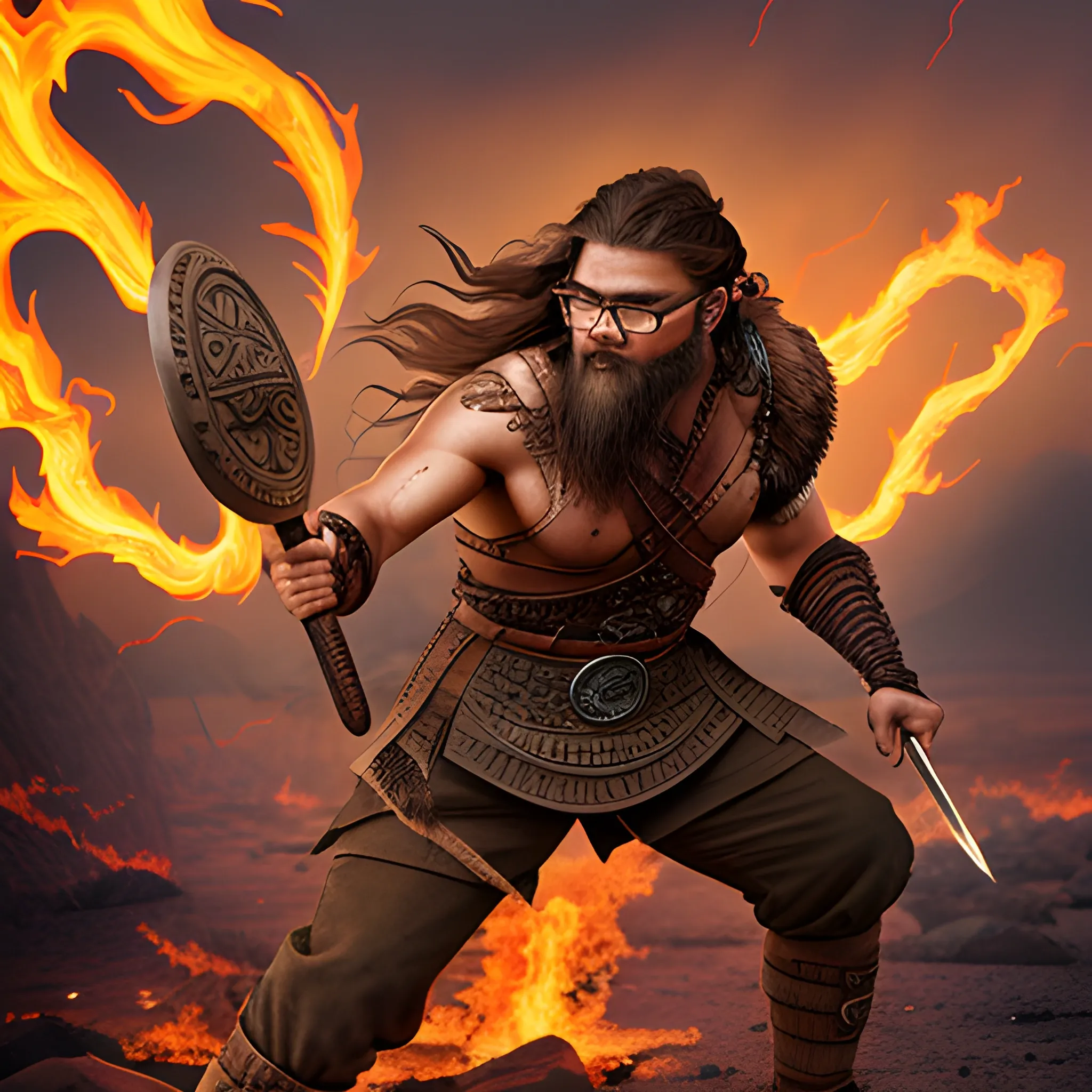 warrior with Viking and Aztec features, with glasses, brown hair, combed to the side, with an aggressive look and radiating flames in a desolate environment with lightning