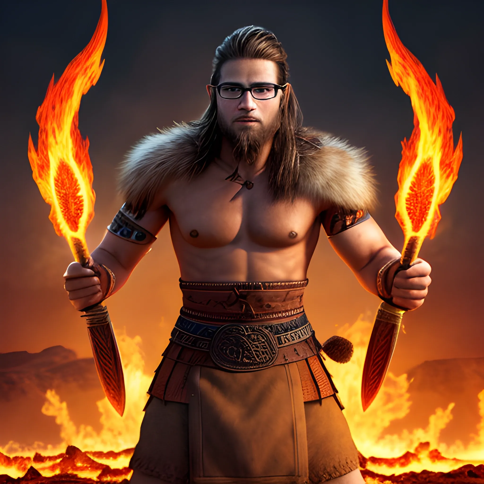 warrior with Viking and Aztec features, with glasses, no beard, brown hair, combed to the side, with an aggressive look and radiating flames in a desolate environment with lightning