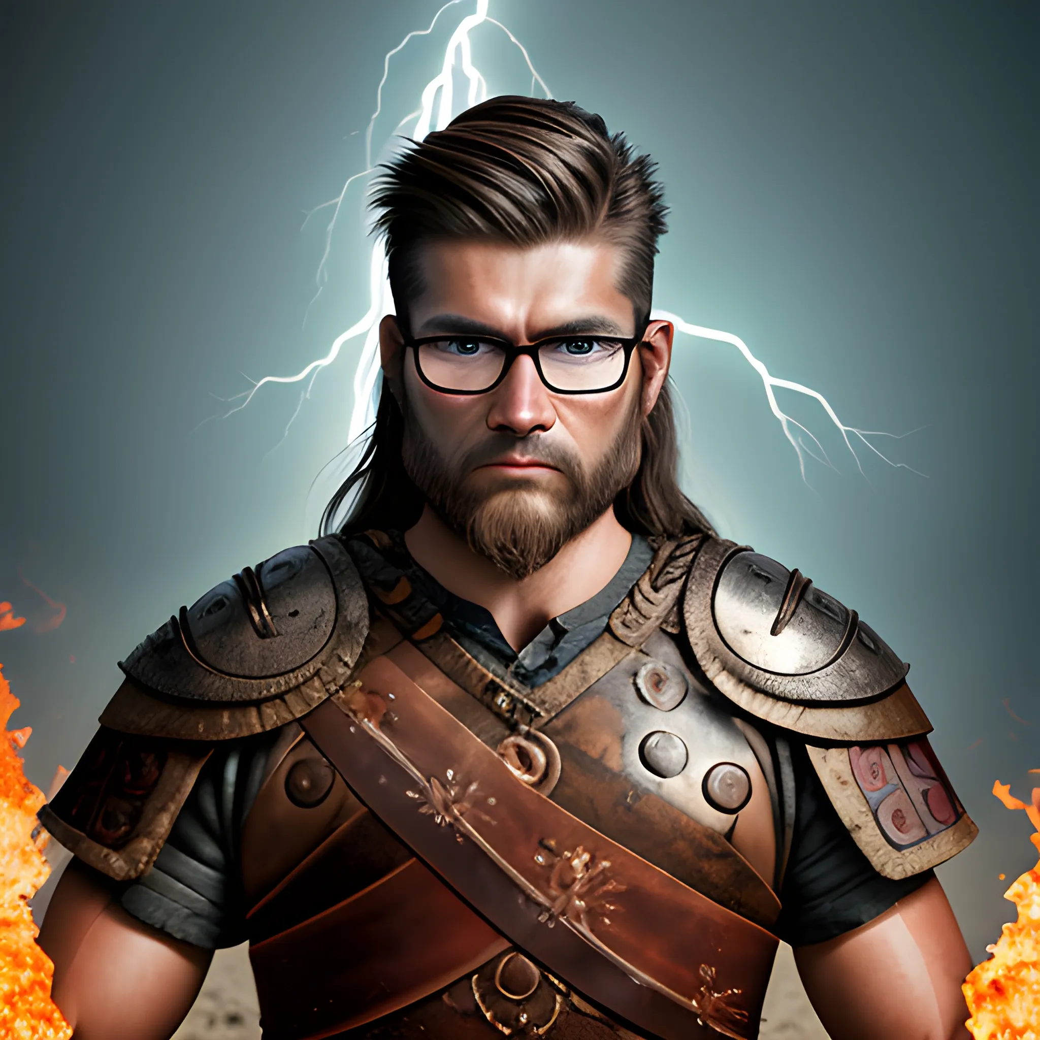 Photographic quality and realistic image of a warrior with Viking and Aztec features, with glasses, no beard, short brown hair with a few gray hairs, combed to the side, with an aggressive look and radiating flames in a desolate environment with lightning