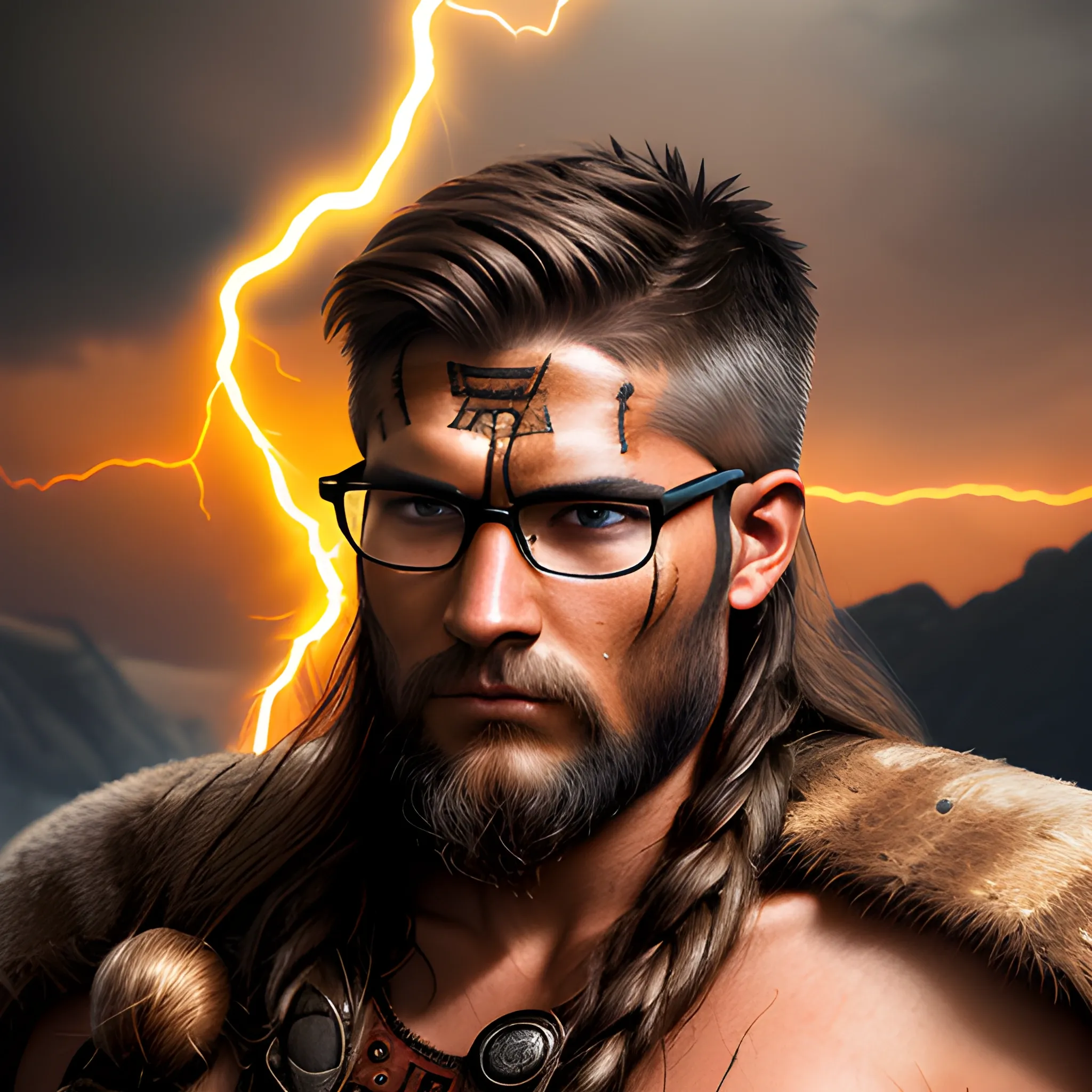 Photographic quality and realistic image of a warrior with Viking and Aztec features, with glasses, important without beard or mustache, short brown hair with a few gray hairs, combed to the side, with an aggressive look and radiating flames in a desolate environment with lightning,