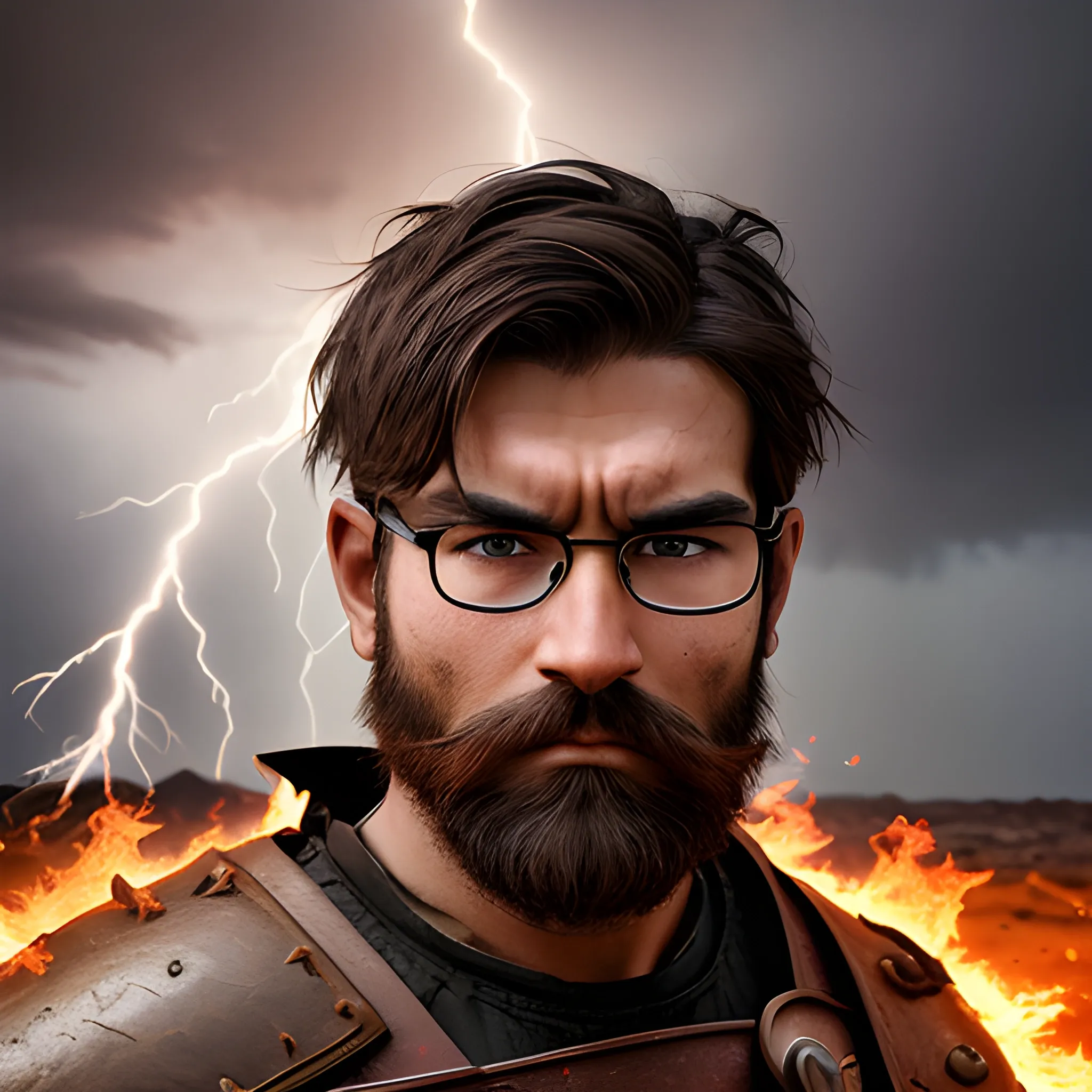 Photographic quality and realistic image of a warrior with strong features, with glasses, important without beard or mustache, short brown hair with a few gray hairs, combed to the side, with an aggressive look and radiating flames in a desolate environment with lightning,