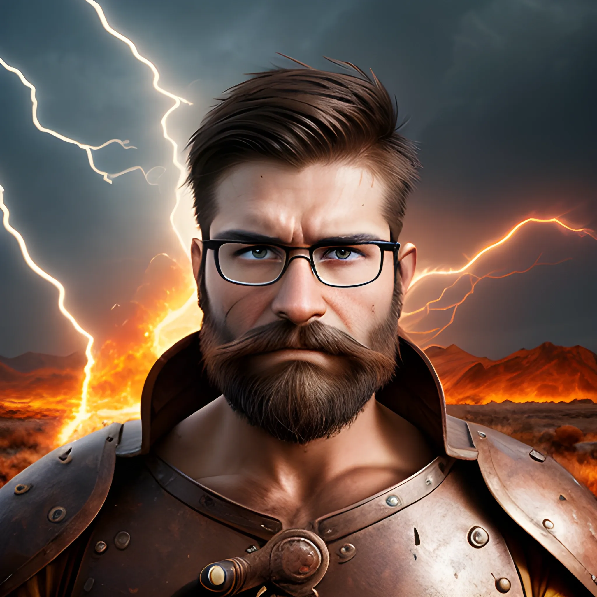 Photographic quality and realistic image of a warrior with strong features, with glasses, important without beard or mustache, short brown hair with a few gray hairs, combed to the side, with an aggressive look and radiating flames in a desolate environment with lightning, No beard , not mustache