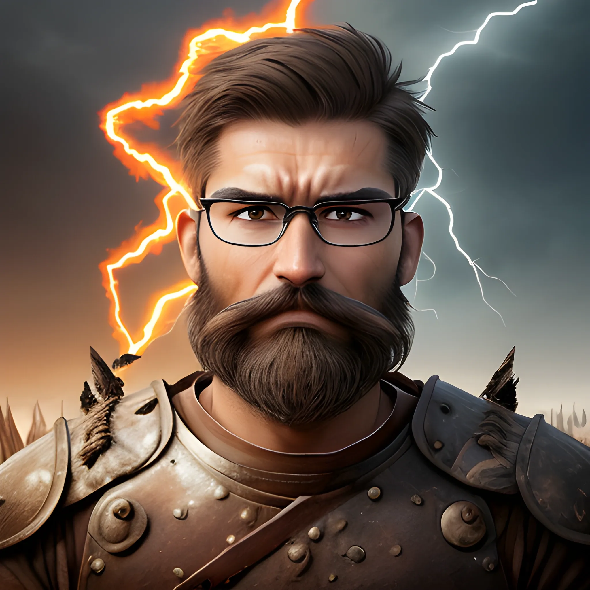 Photographic quality and realistic image of a warrior with strong features, with glasses, important without beard or mustache, short brown hair with a few gray hairs, combed to the side, with an aggressive look and radiating flames in a desolate environment with lightning, No beard , no mustache, remove beard and remove mustache