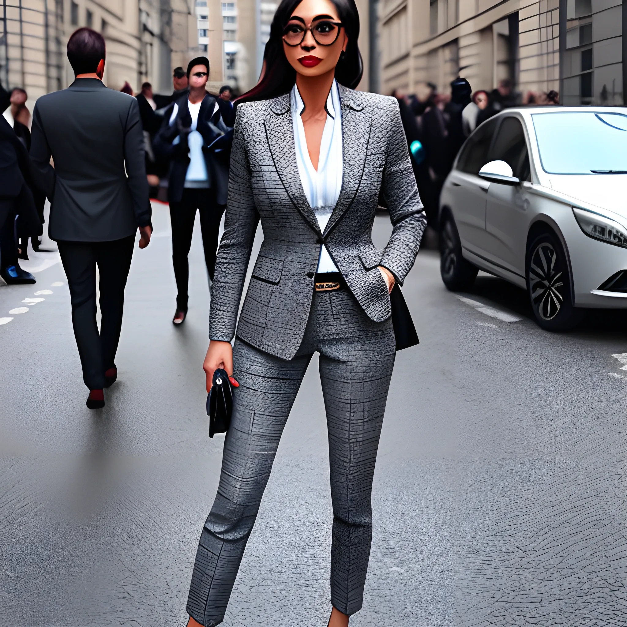 Eurasian girl wearing gray tweed blazer suit, street style, 3D