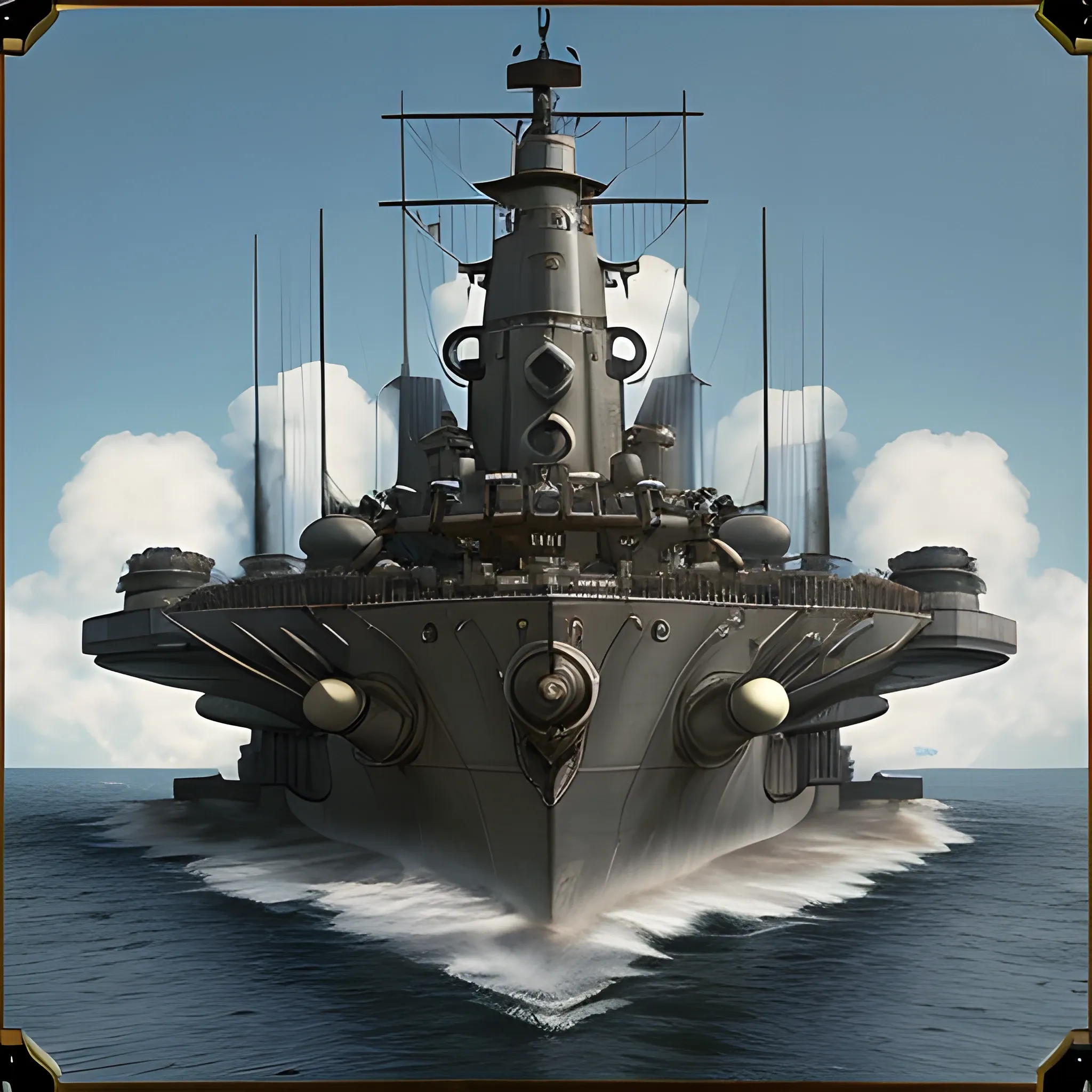 dieselpunk, collosal battleship, in port, gun turrets, multiple guns, brass hull, crewmen, turrets, steam stacks, crew on deck, battleship, battleship turrets, deck view, biplanes guarding ship, people, crew, 3D