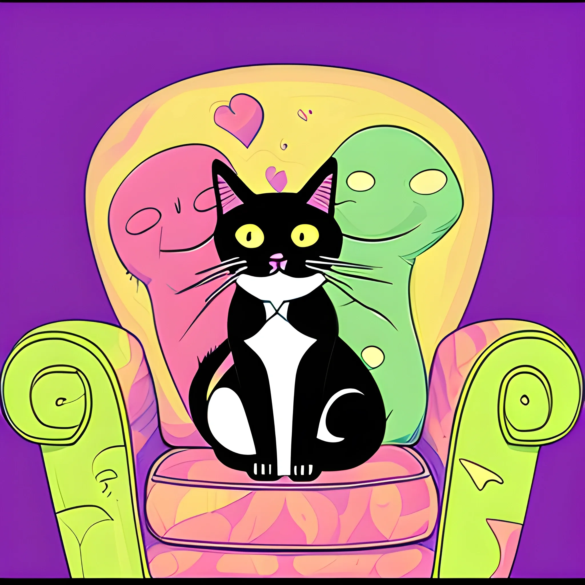 , Cartoon, cat sit in a chair, Trippy