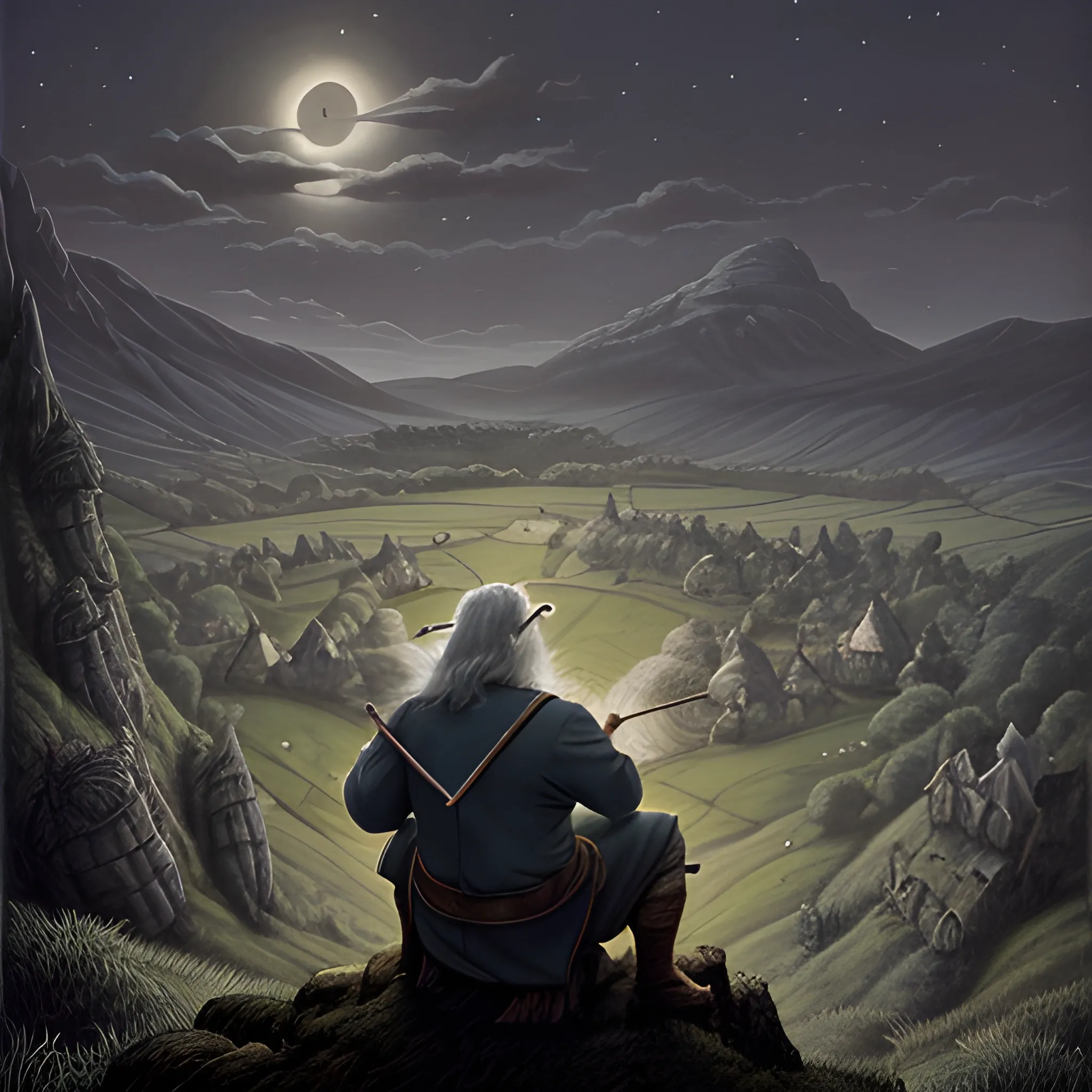Gandalf looking at the shire from a hill at night. He is smoking a pipe as he looks down on the warmly lit hobbit holes in the distance.