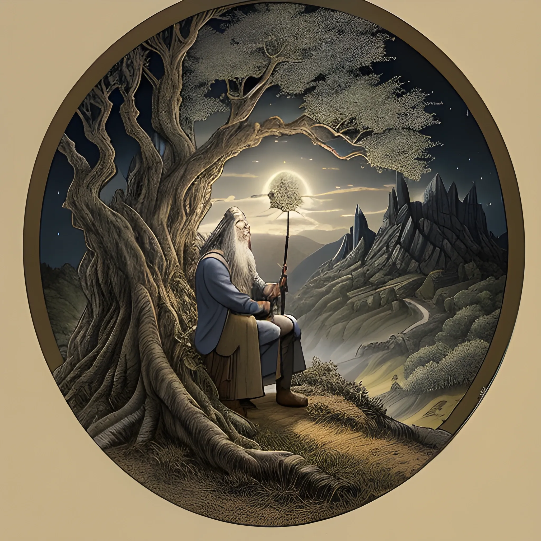 Gandalf standing on the left of frame against an old gnarled tree on a hill looking at the shire at night. He is smoking a pipe as he looks down on the warmly lit hobbit holes in the distance. 