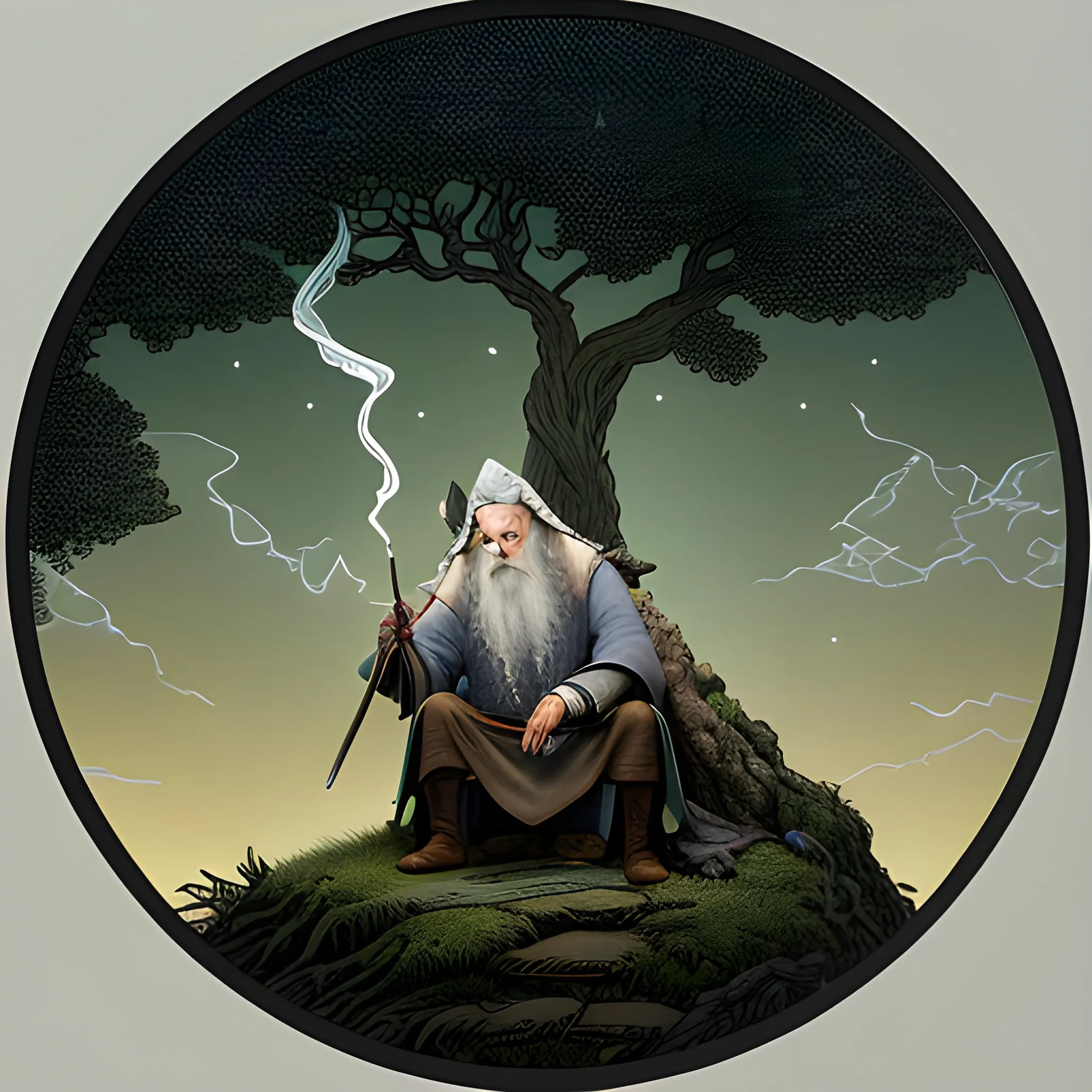 Gandalf standing on the left of frame against an old gnarled tree on a hill looking at the shire at night. He is smoking a pipe as he looks down on the warmly lit hobbit holes in the distance. 