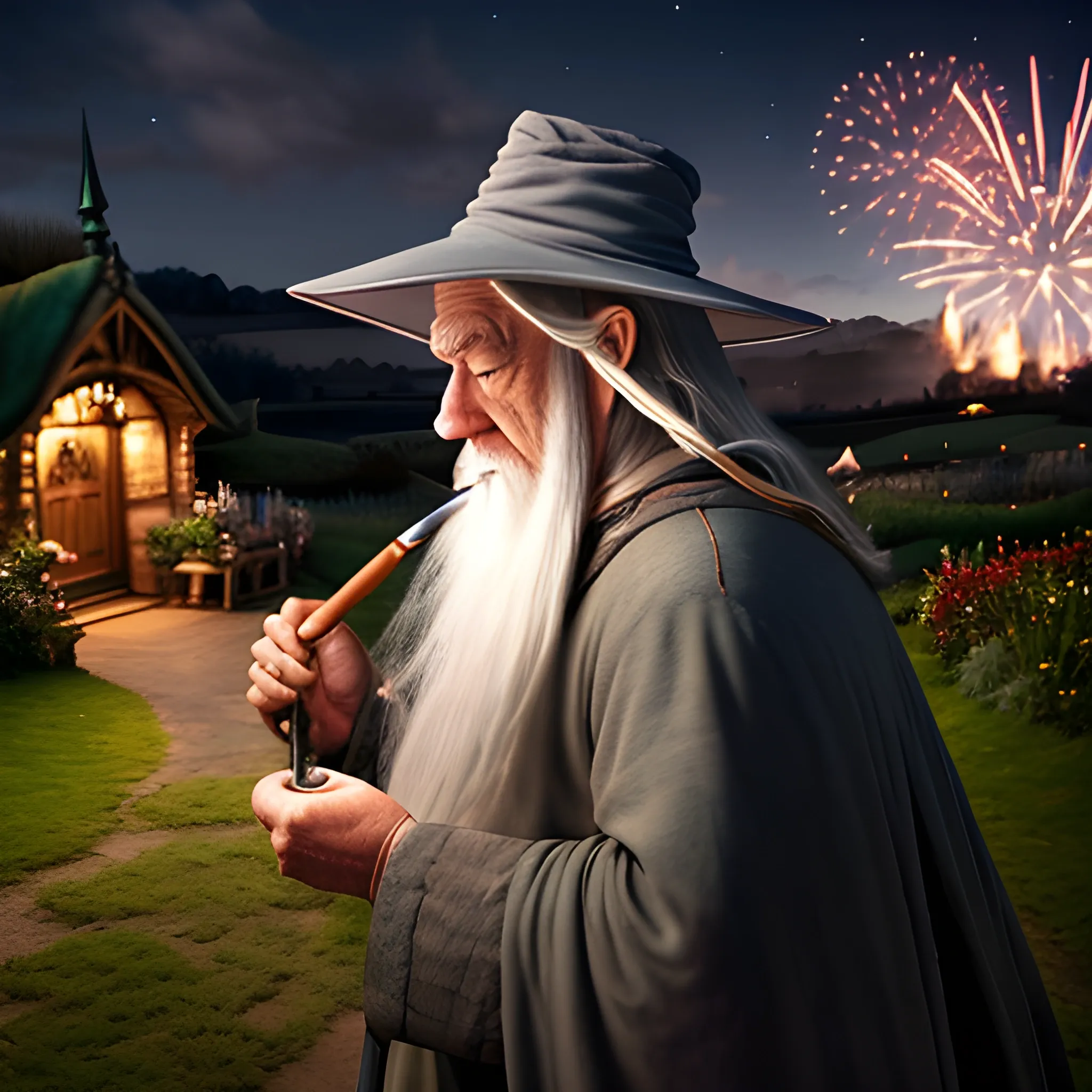 gandalf with his hat on, back to camera, smoking pipe, night scene, hobbiton in background, the shire, warmly lit hobbit holes, party tree, celebration, fireworks