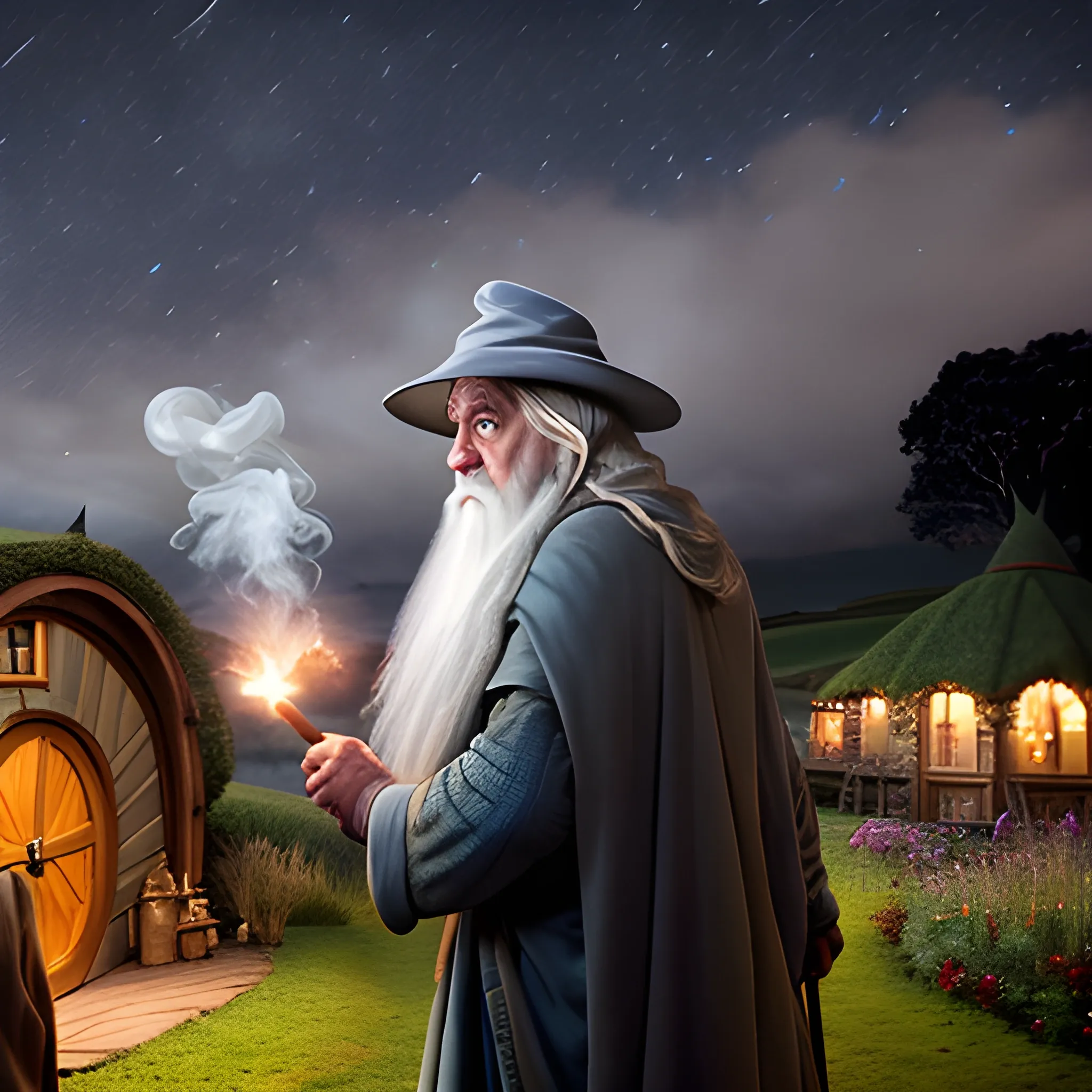far from frame, gandalf with his hat on, back to camera, smoking pipe, night scene, hobbiton in background, the shire, warmly lit hobbit holes, party tree, celebration, fireworks