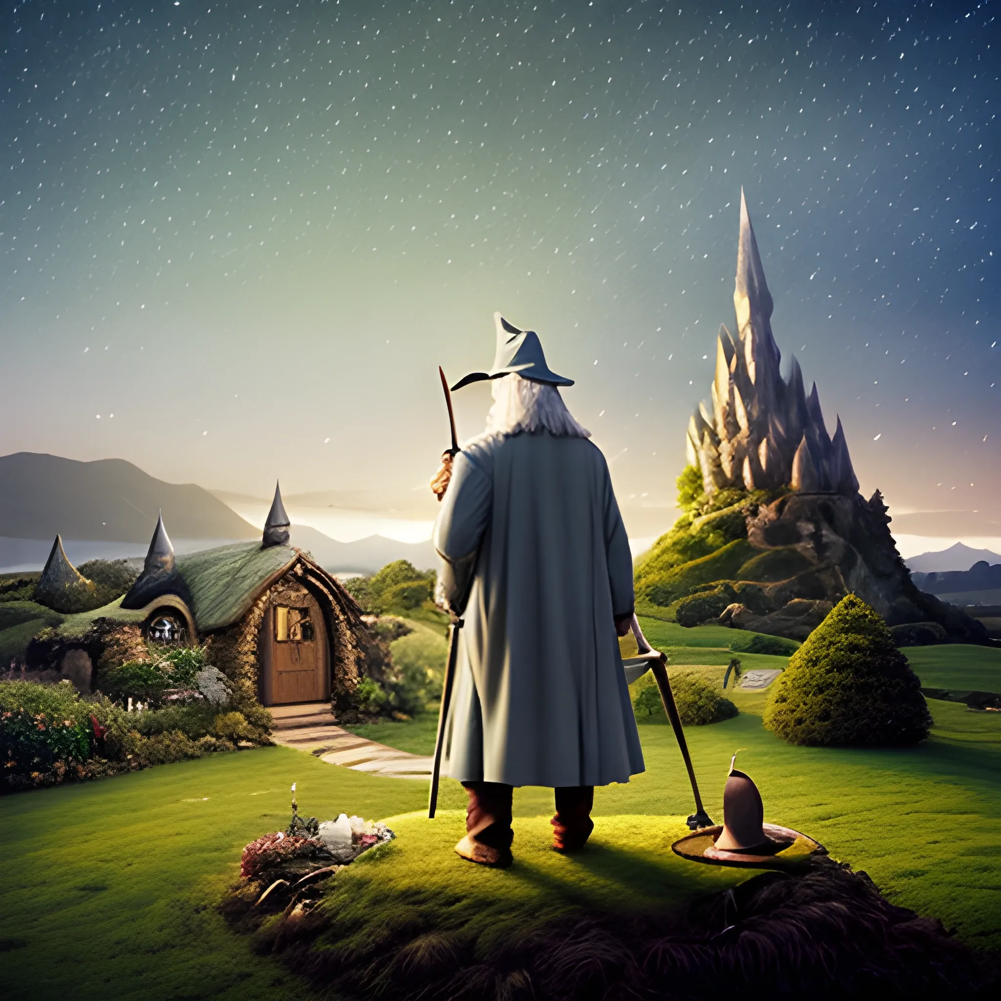 gandalf standing on hill, gandalf with back to tree, gandalf with his wizards hat on, back to camera, smoking pipe, night scene, hobbiton in background, the shire, warmly lit hobbit holes, party tree, celebration, fireworks, 