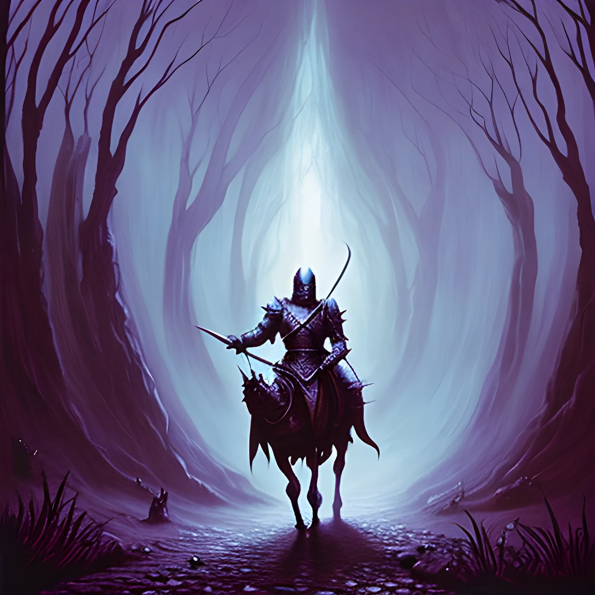 80s dark fantasy art, Knight travelling through a dark valley, Trippy