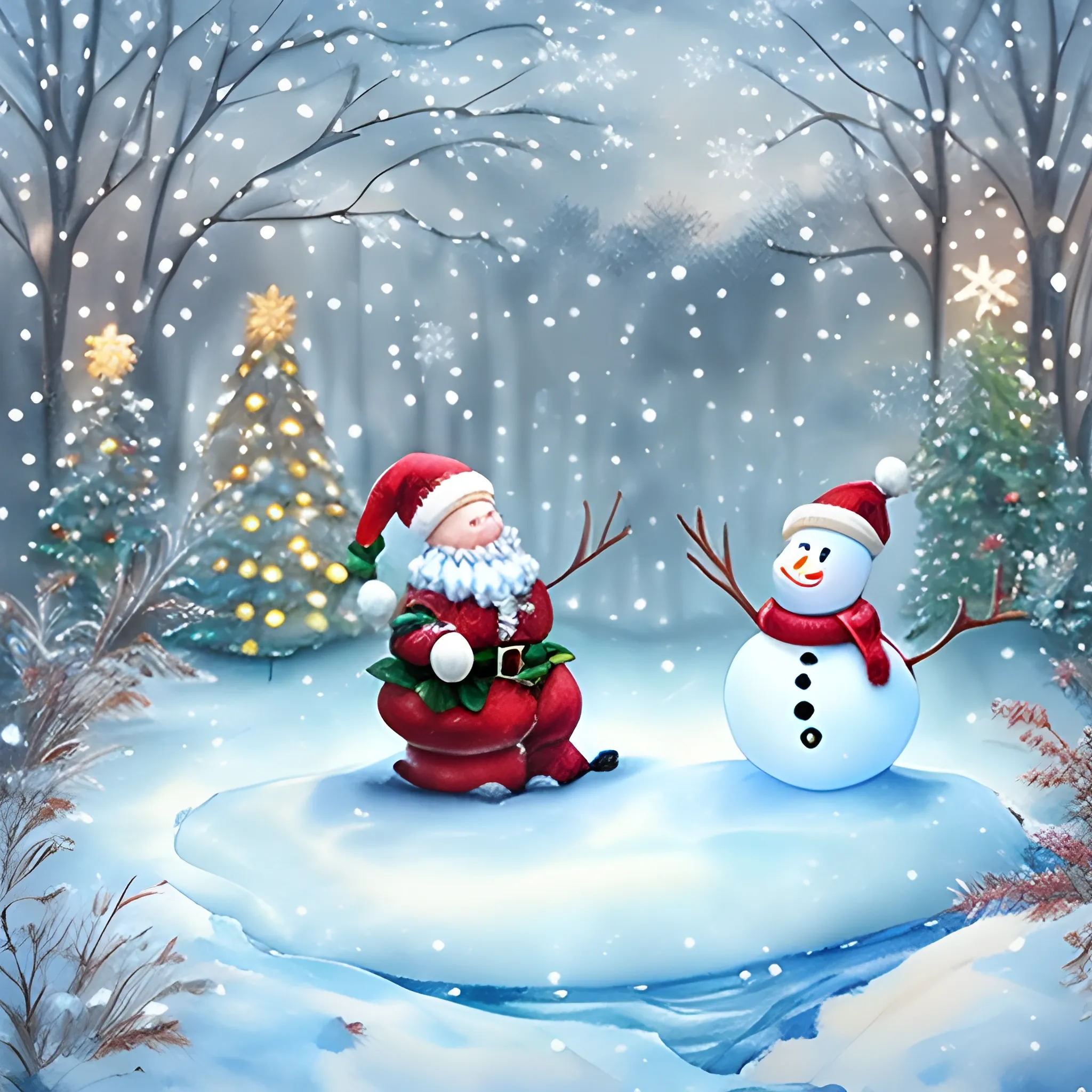 christmas wonderland, winter wonderland
, Water Color, santa raindeer, snowman
