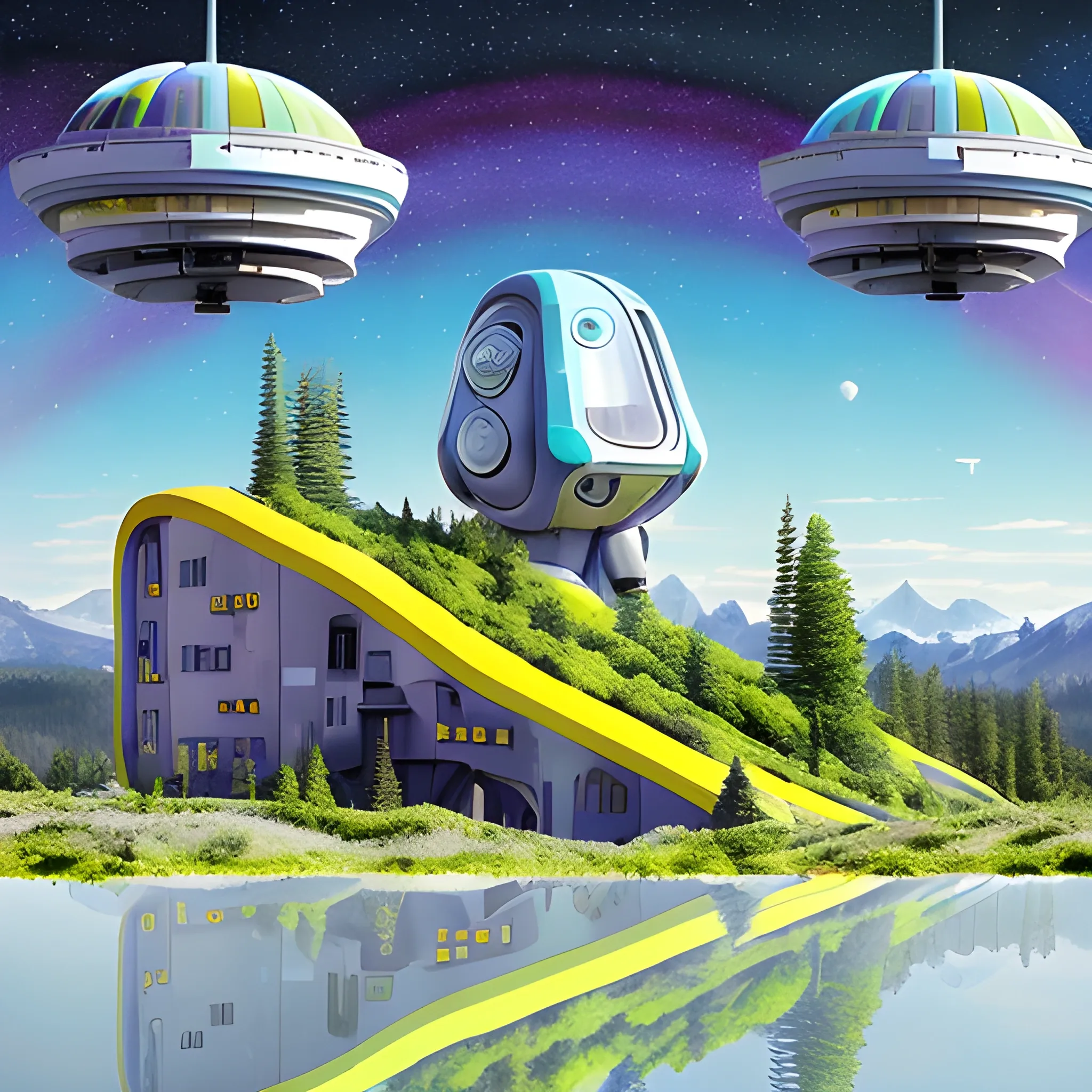 Paysage de science-fiction fantastique psychédélique très coloré avec des maison futuriste, des robots travailleurs, montagnes en arrière-plan avec des chutes d'eau colorés et animaux jouant autour d'un lac au pied des montagne arboré de grand arbres millénaires