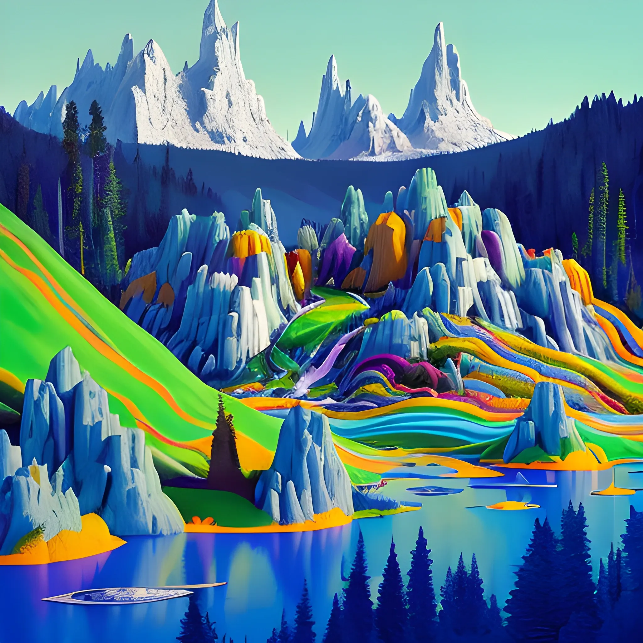 Paysage de science-fiction fantastique psychédélique très coloré avec des maison futuriste, des robots travailleurs, montagnes en arrière-plan avec des chutes d'eau colorés et animaux jouant autour d'un lac au pied des montagne arboré de grand arbres millénaires, Trippy
