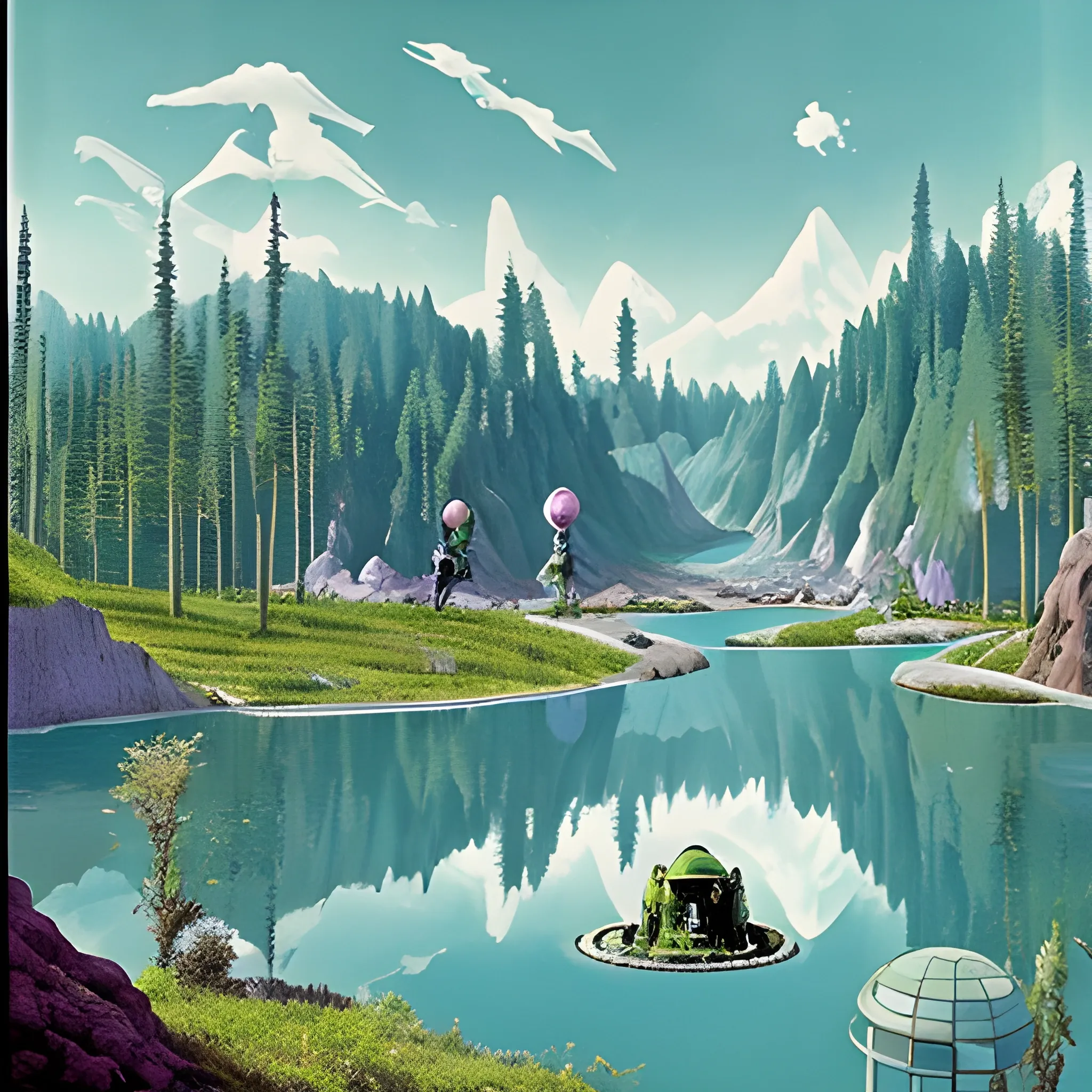 Paysage de science-fiction fantastique psychédélique très coloré, maisons futuristes, robots travailleurs, montagnes avec des chutes d'eau, animaux autour d'un lac au pied des montagne arboré de grand arbres millénaires  en arrière-plan 