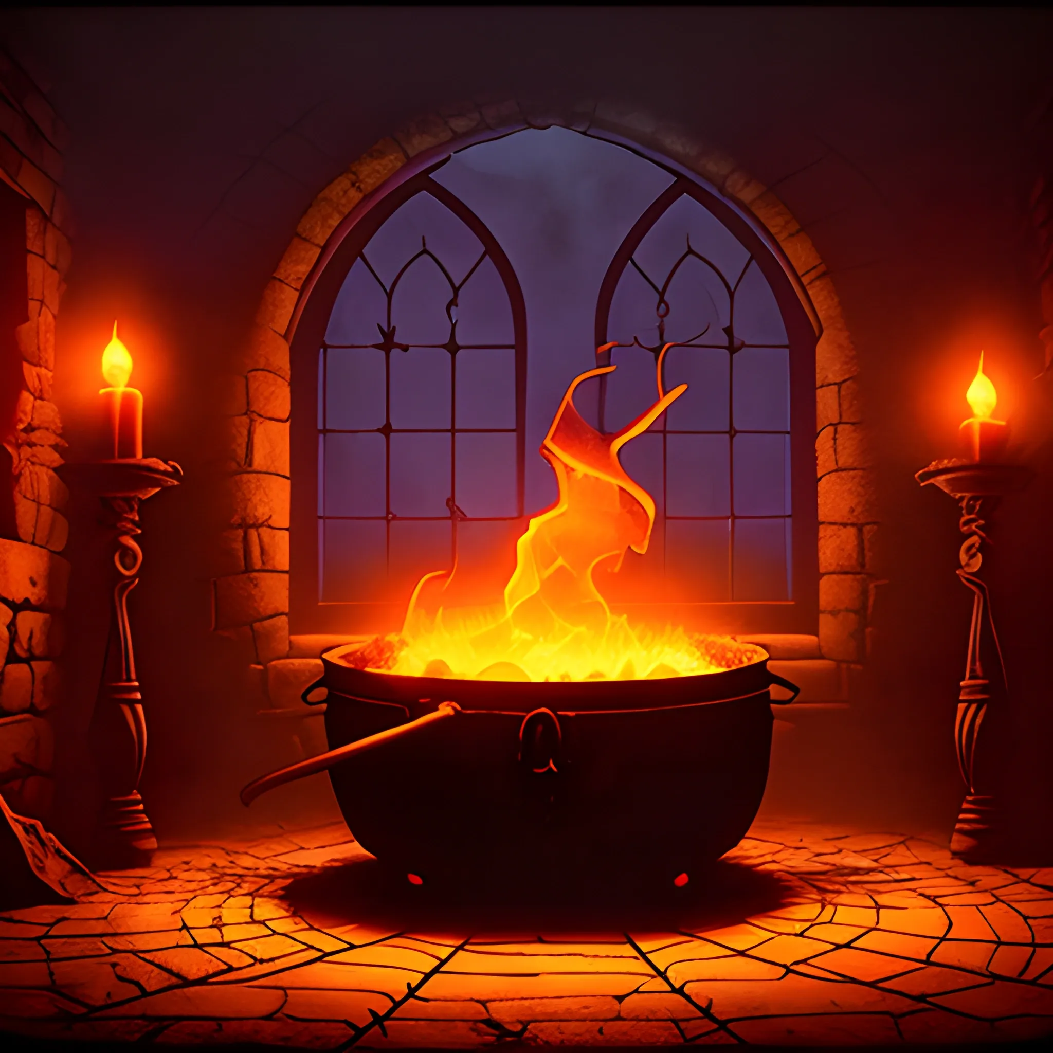A group of witches gather at a smoky creepy-looking room around a boiling caldron. A dimmed red-orange colored light glows in the caldron. Walls made of cobbled stone. Spider web creeping around the corner of the room. A raven is standing on the window.