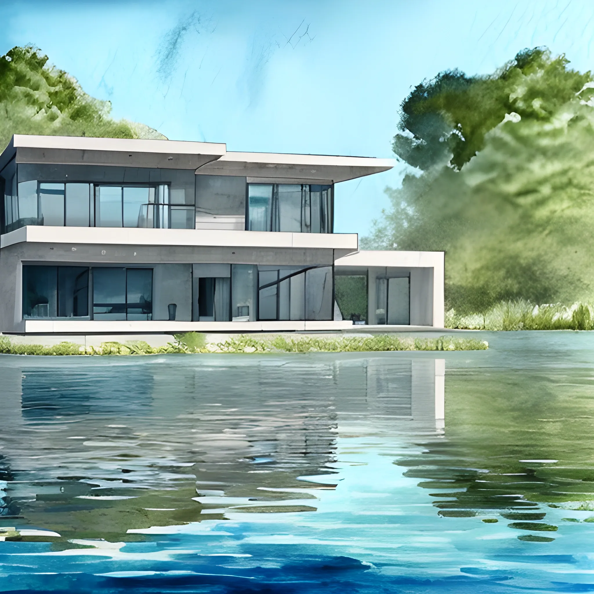 house modern in lake, Water Color