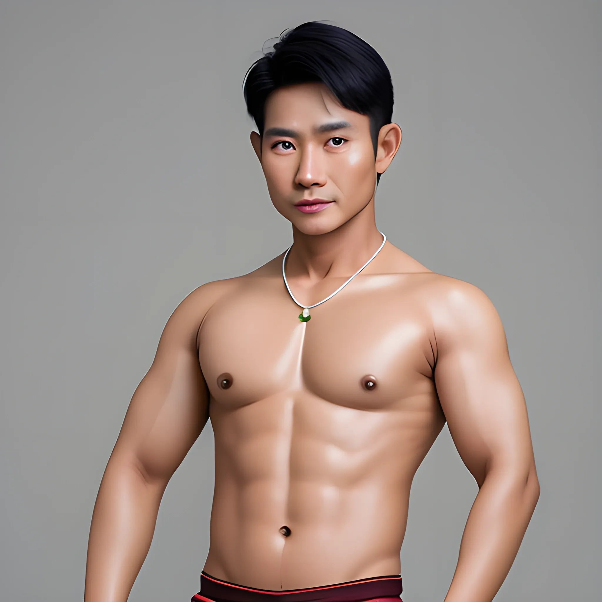 Myanmar masculine daddy wearing posing trunk, white background
