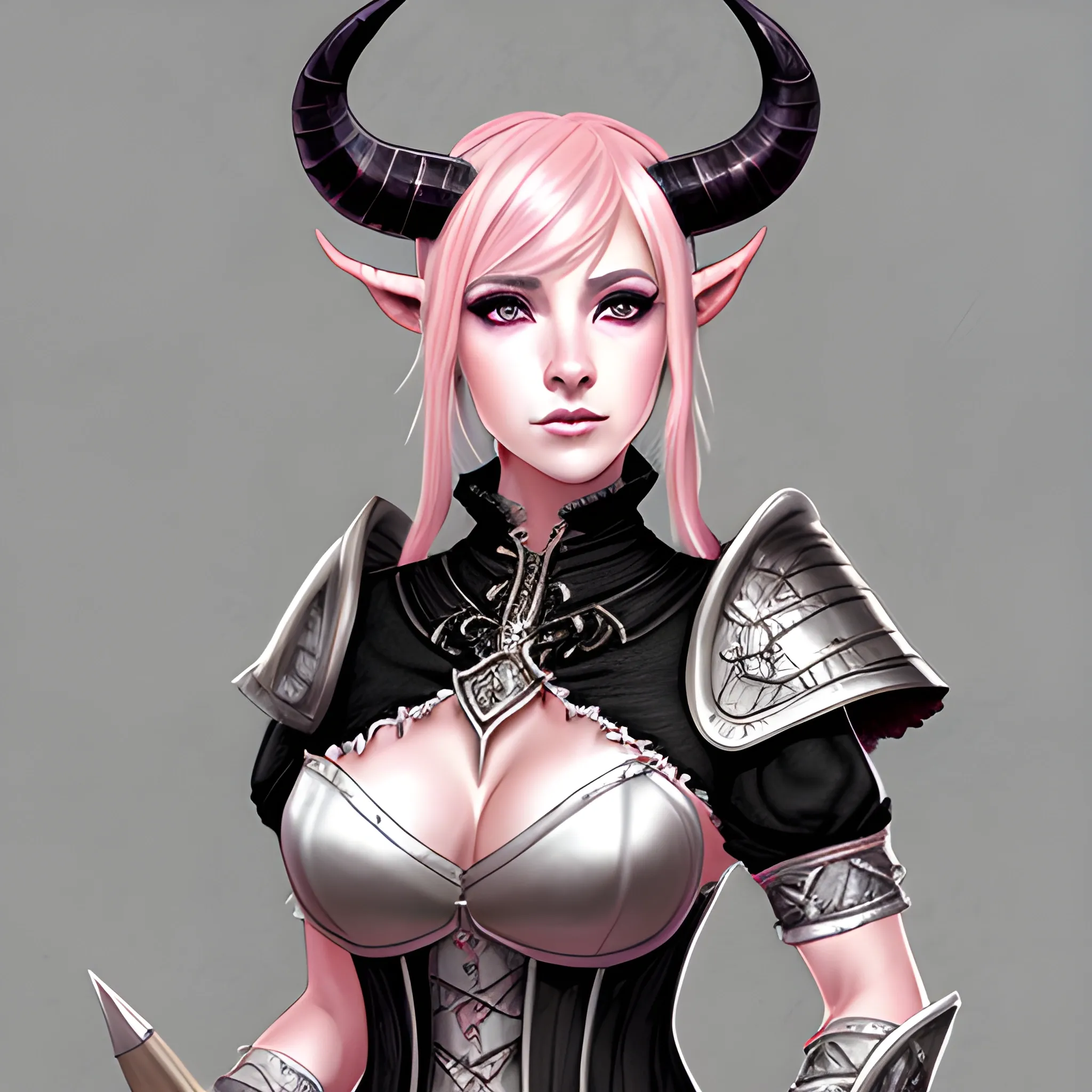 hyper beautiful tiefling woman, light pink skin, black scara, White eye color, large horns, Black wolfcut hair, wearing medival Armor Dress , detailed tavern background, (high quality), (detailed), (masterpiece), (best quality), (highres),, Pencil Sketch, Pencil Sketch, Druid