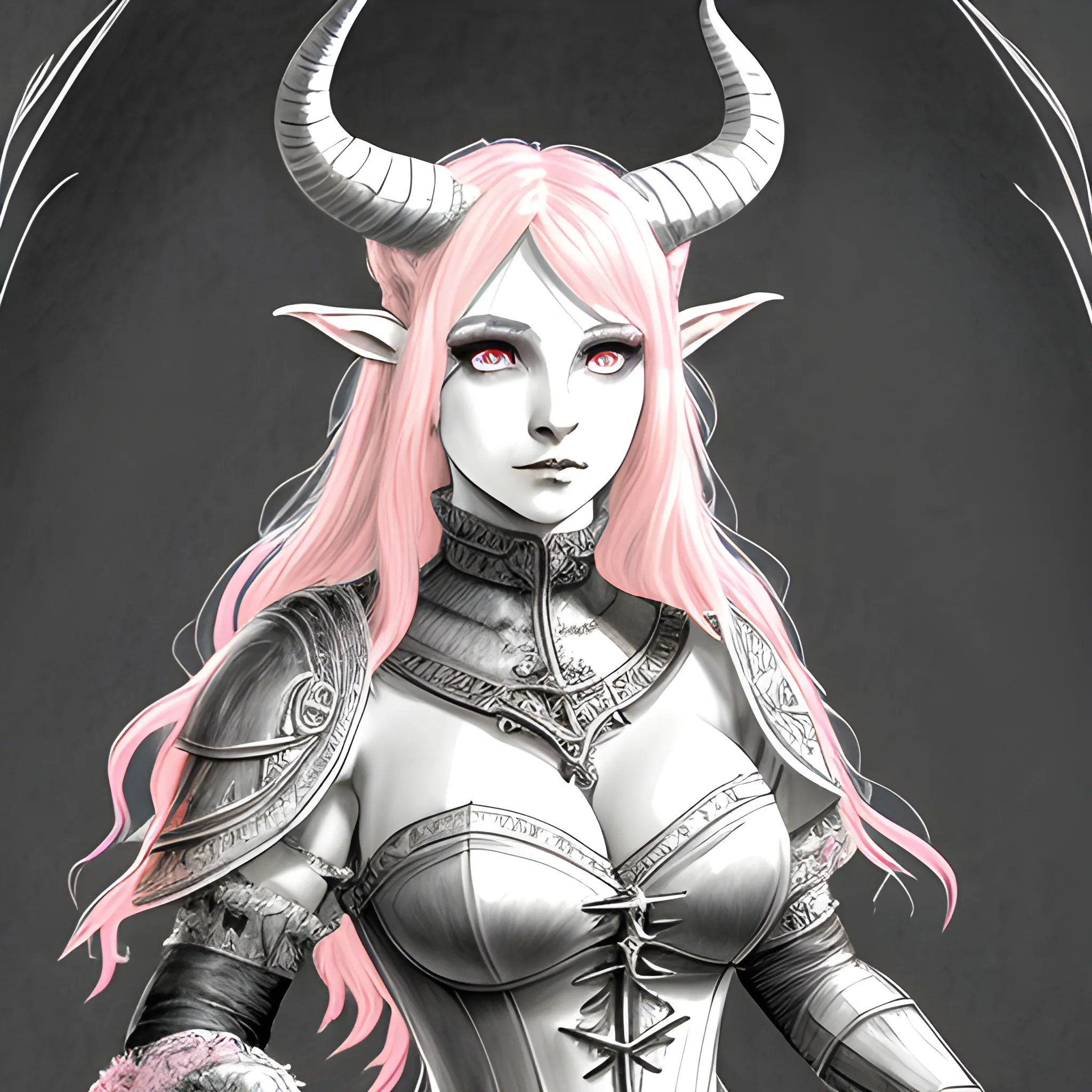 hyper beautiful tiefling woman, light pink skin, black scara, White eye color, large horns, Black wolfcut fluffy hair, wearing medival Armor Dress , detailed tavern background, (high quality), (detailed), (masterpiece), (best quality), (highres),, Pencil Sketch, Pencil Sketch, Druid