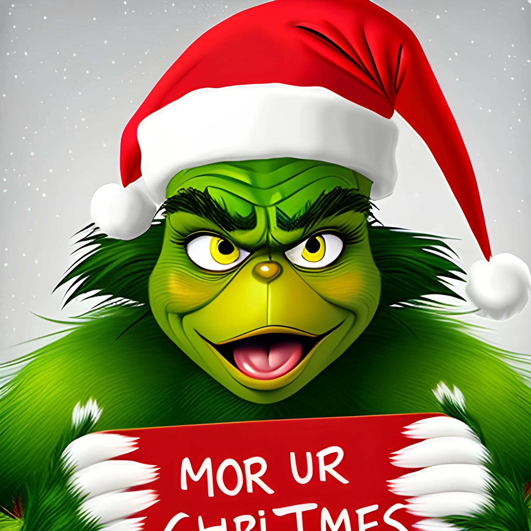 Generate an image of the Christmas Grinch holding a sign in his hand. On the sign, write 'Ericka, no gift for you.' Make sure the image reflects the Christmas spirit and the Grinch's attitude