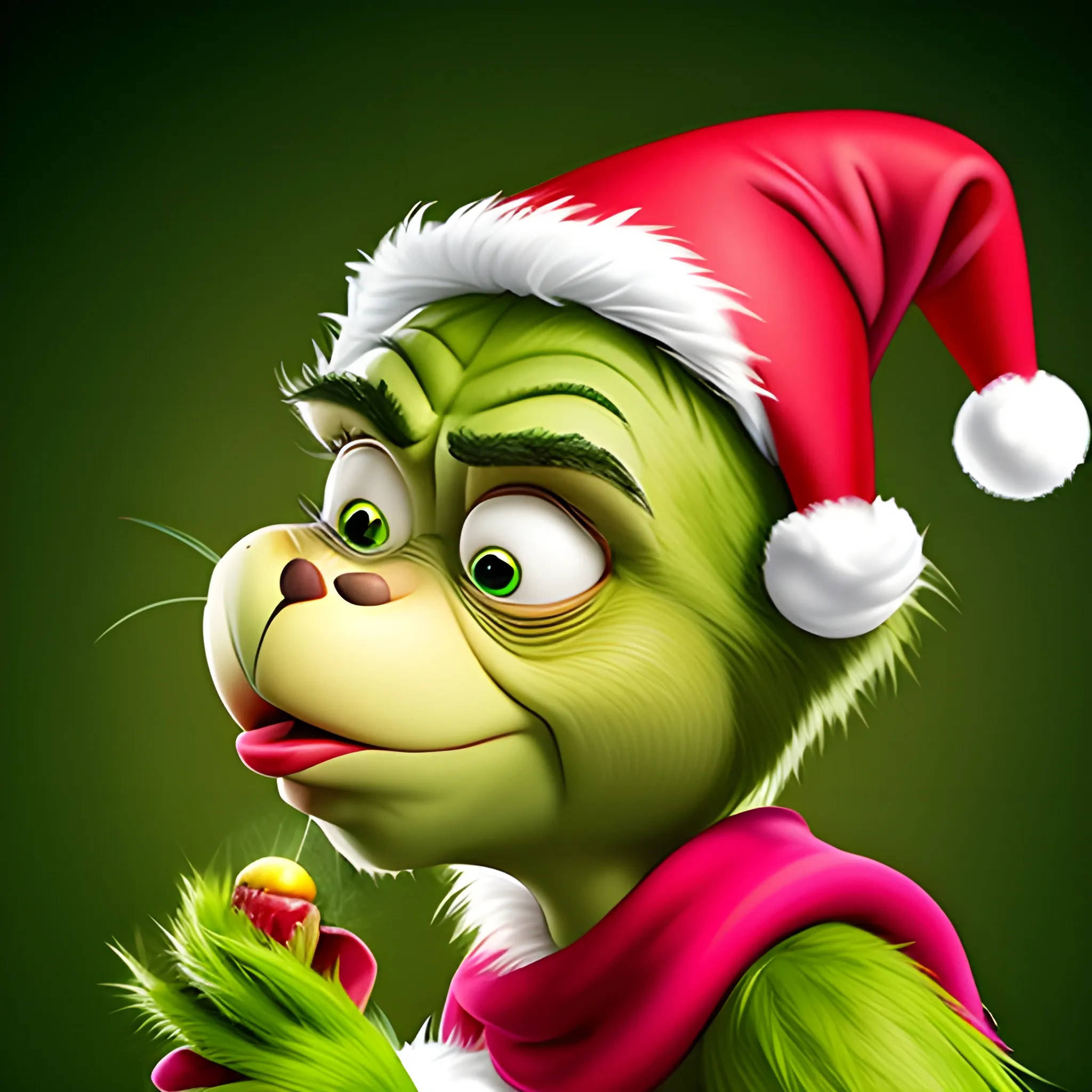 Genera una imagen detallada y realista del Grinch navideño con un enfoque único y original. El Grinch debe sostener un cartel en la mano que diga 'Ericka, para ti no hay regalo'. Asegúrate de que la imagen refleje el espíritu navideño y captura la esencia del Grinch de una manera auténtica y sorprendente