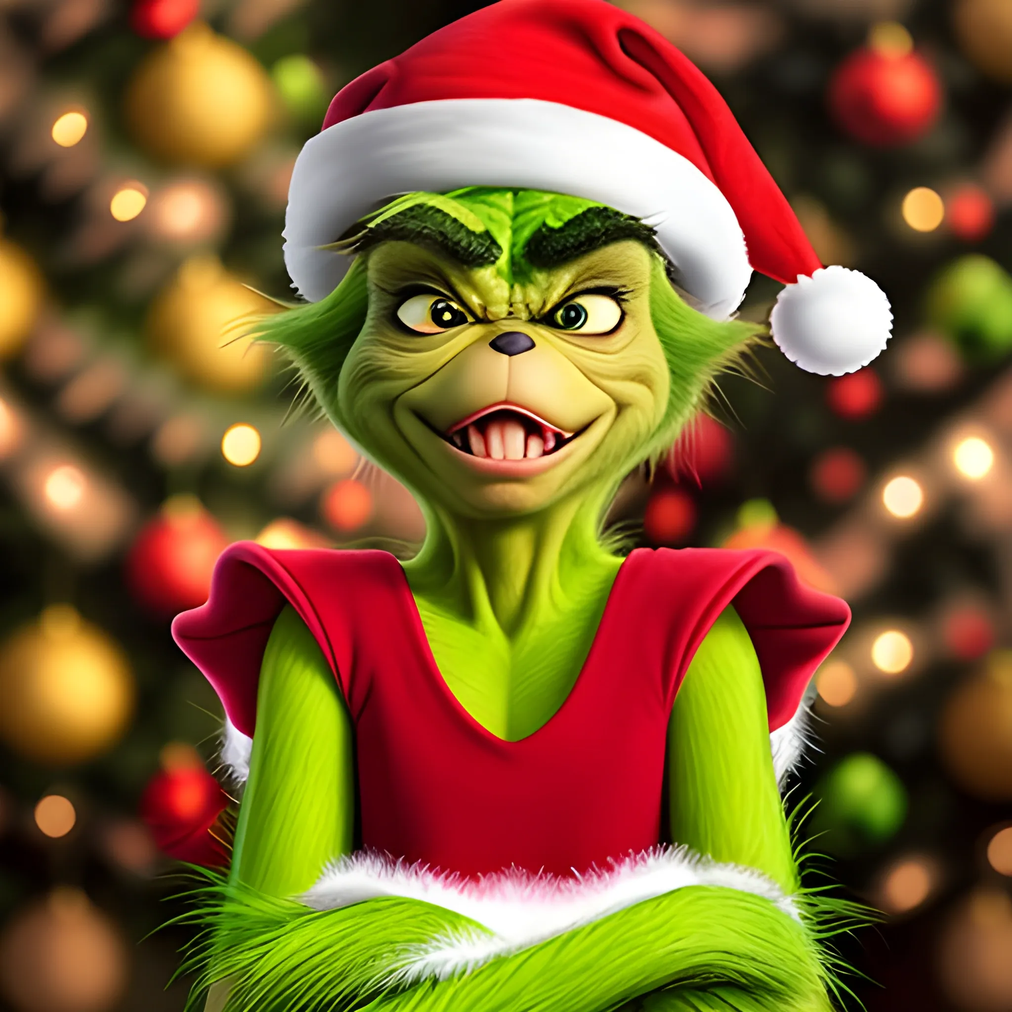 Genera una imagen detallada y realista del Grinch navideño con un enfoque único y original. El Grinch debe sostener un cartel en la mano que diga 'Ericka, para ti no hay regalo'. Asegúrate de que la imagen refleje el espíritu navideño y captura la esencia del Grinch de una manera auténtica y sorprendente, 3D