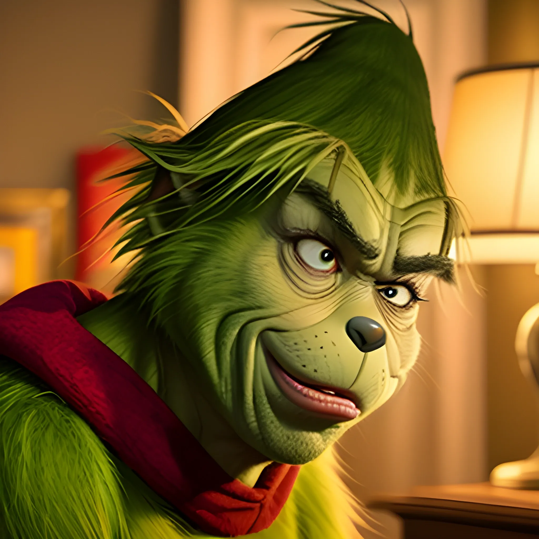 Genera una imagen realista con el Grinch navideño como el de la pelicula. El Grinch debe sostener un papel en la mano que diga 'Ericka, para ti no hay regalo'. Asegúrate de que la imagen refleje el espíritu navideño y captura la esencia del Grinch con seriedad en la pelicula