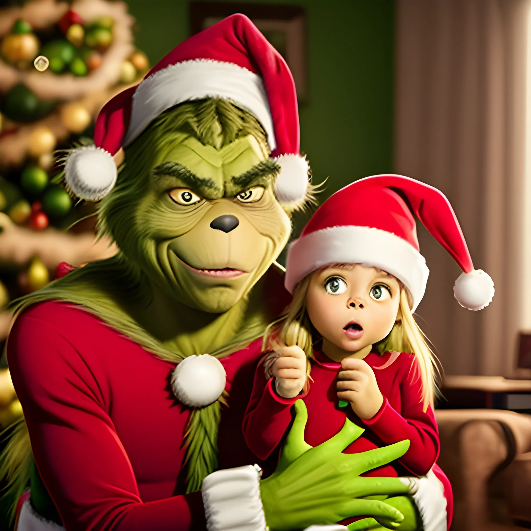 Genera una imagen altamente realista del Grinch navideño, modelado exactamente como el personaje de la película. Asegúrate de que el Grinch sostenga un cartel en la mano con el mensaje 'Ericka, para ti no hay regalo'. La imagen debe reflejar el espíritu navideño y capturar la esencia del Grinch con seriedad, manteniendo la fidelidad al diseño y tono de la película