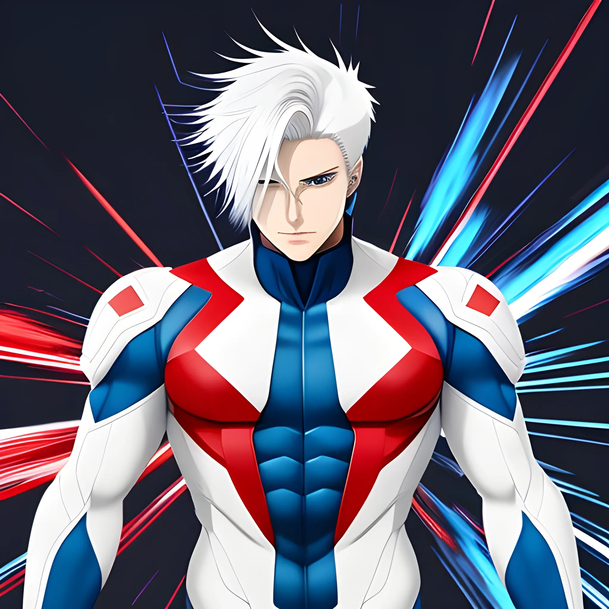 Anime, male, white hair, blue and red supersuit, 