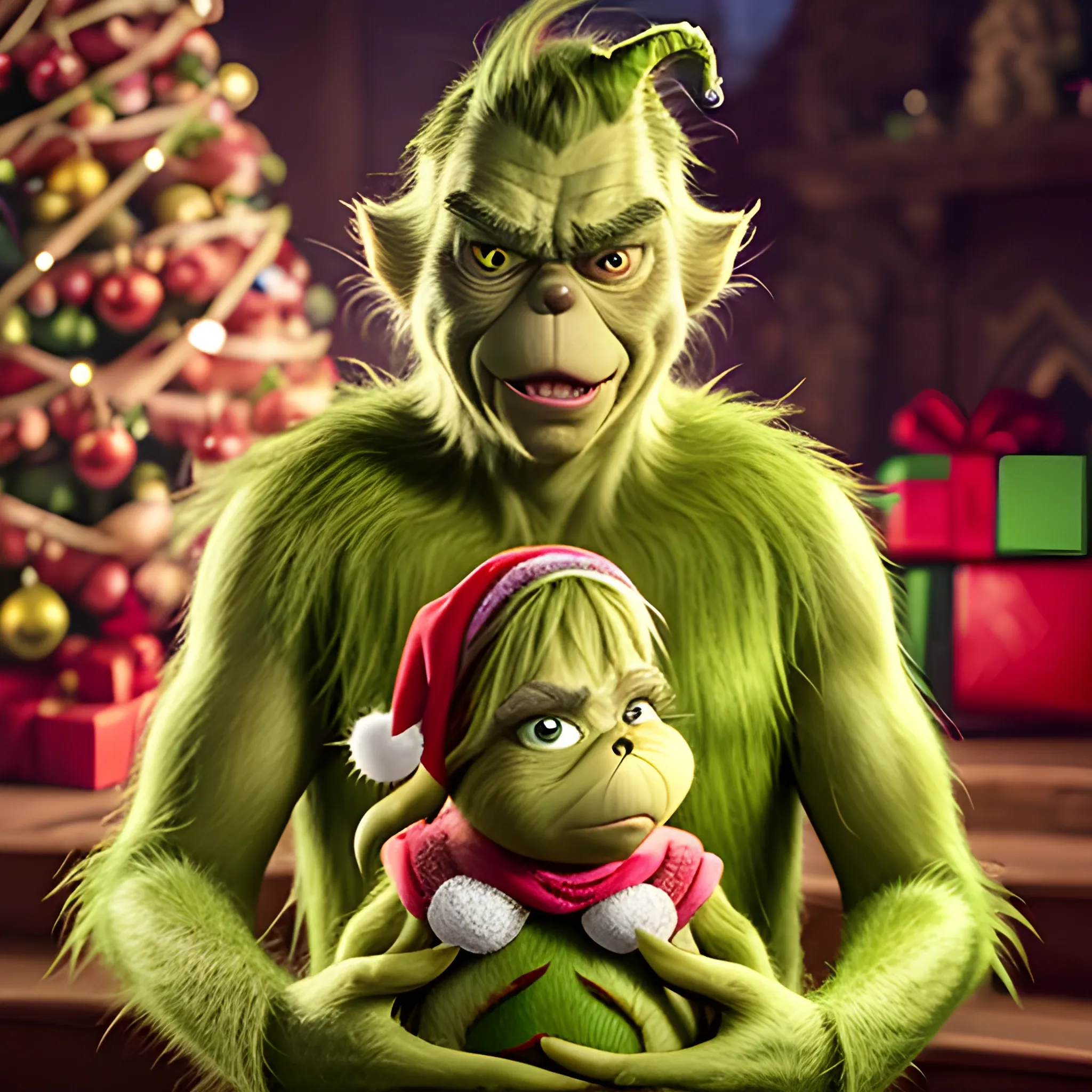 Genera una imagen altamente realista del Grinch navideño, modelado exactamente como el personaje de la película. Asegúrate de que el Grinch sostenga un letrero en la mano con el mensaje 'Ericka, para ti no hay regalo'. La imagen debe reflejar el espíritu navideño y capturar la esencia del Grinch con seriedad, manteniendo la fidelidad al diseño y tono de la película