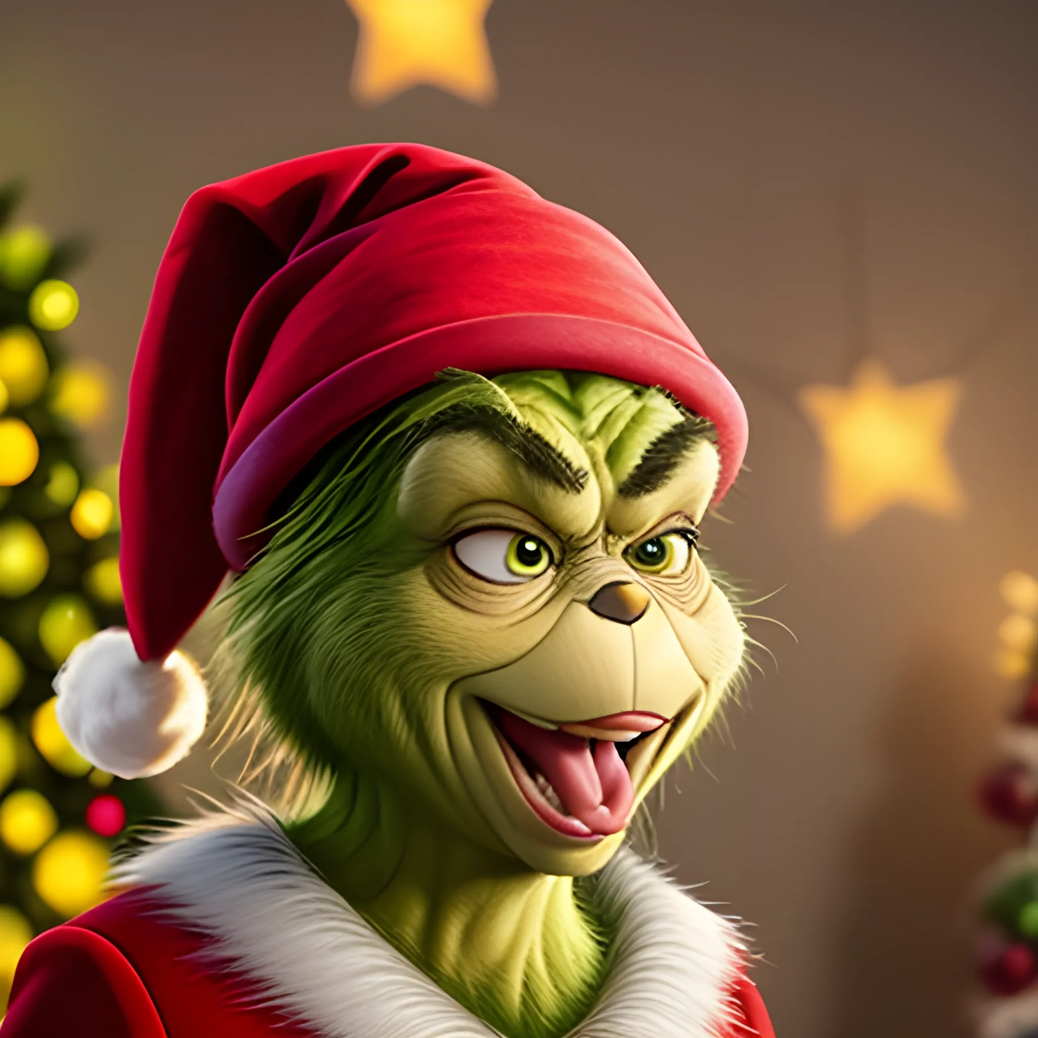 Genera una imagen altamente realista del Grinch navideño, modelado exactamente como el personaje de la película.
