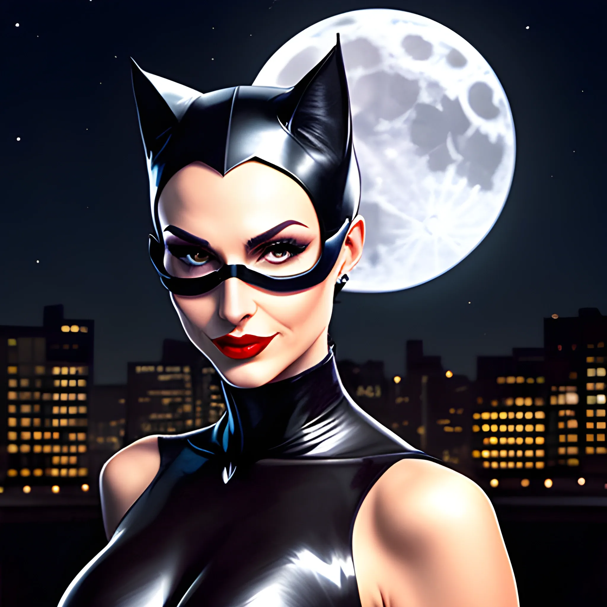 Charming young catwoman in strong light night, realistic portrait style under moonlight