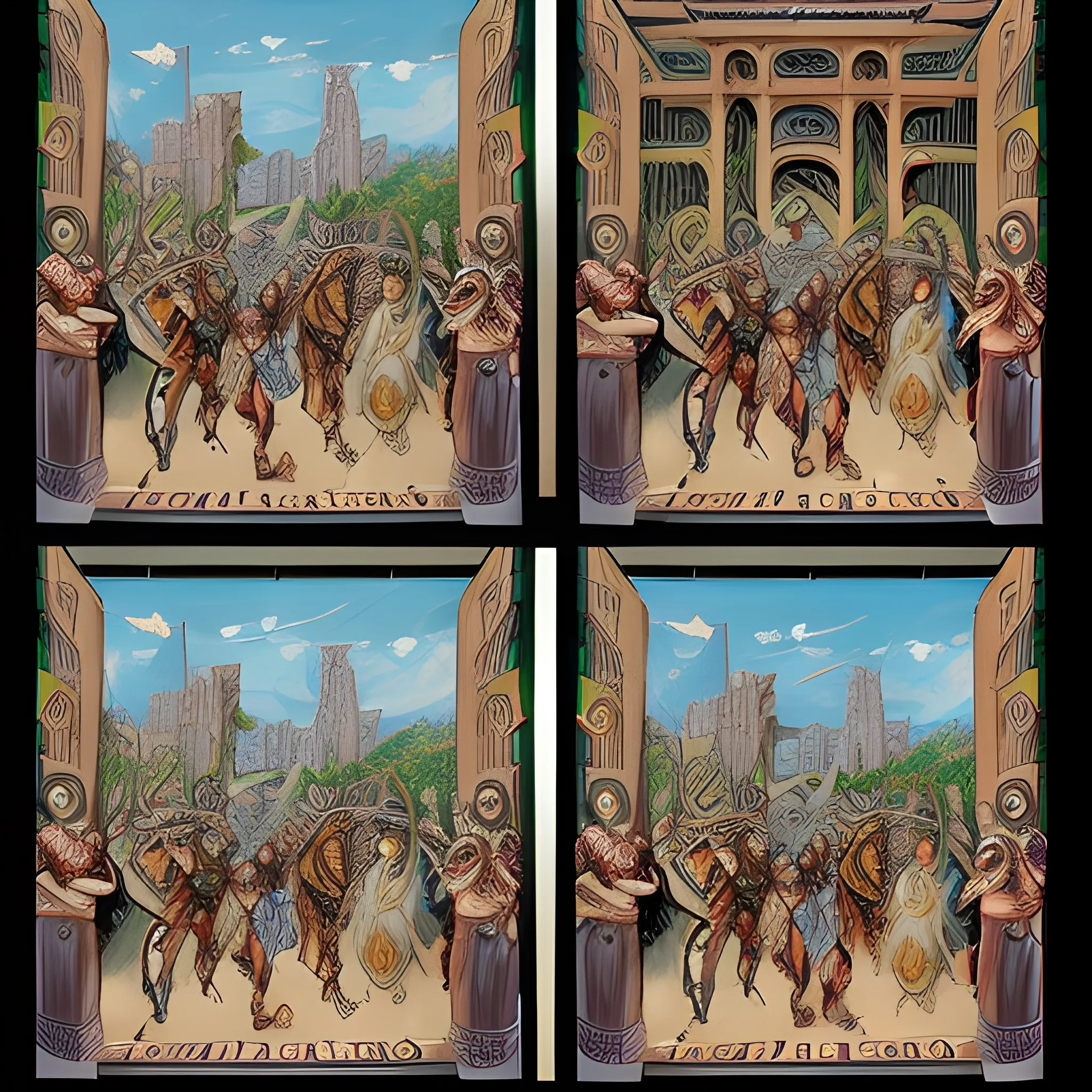 A comic strip sequence of only two panels, each depicting the same scene of Amazons warrior women riding at full gallop towards the grand Atlantis city, viewed from behind in aerial view. Each panel shows the amazon warriors women equipped with shields, swords and bows, and the city with walls and with circular bastions and large battlements. The sequence should show the amazons warriors women progressively getting closer to the doors of city in each panel, with kinetic and onomatopoeia resources, in Detailed 90's full color, highly detailed, epic and gorgeous, Oil Painting