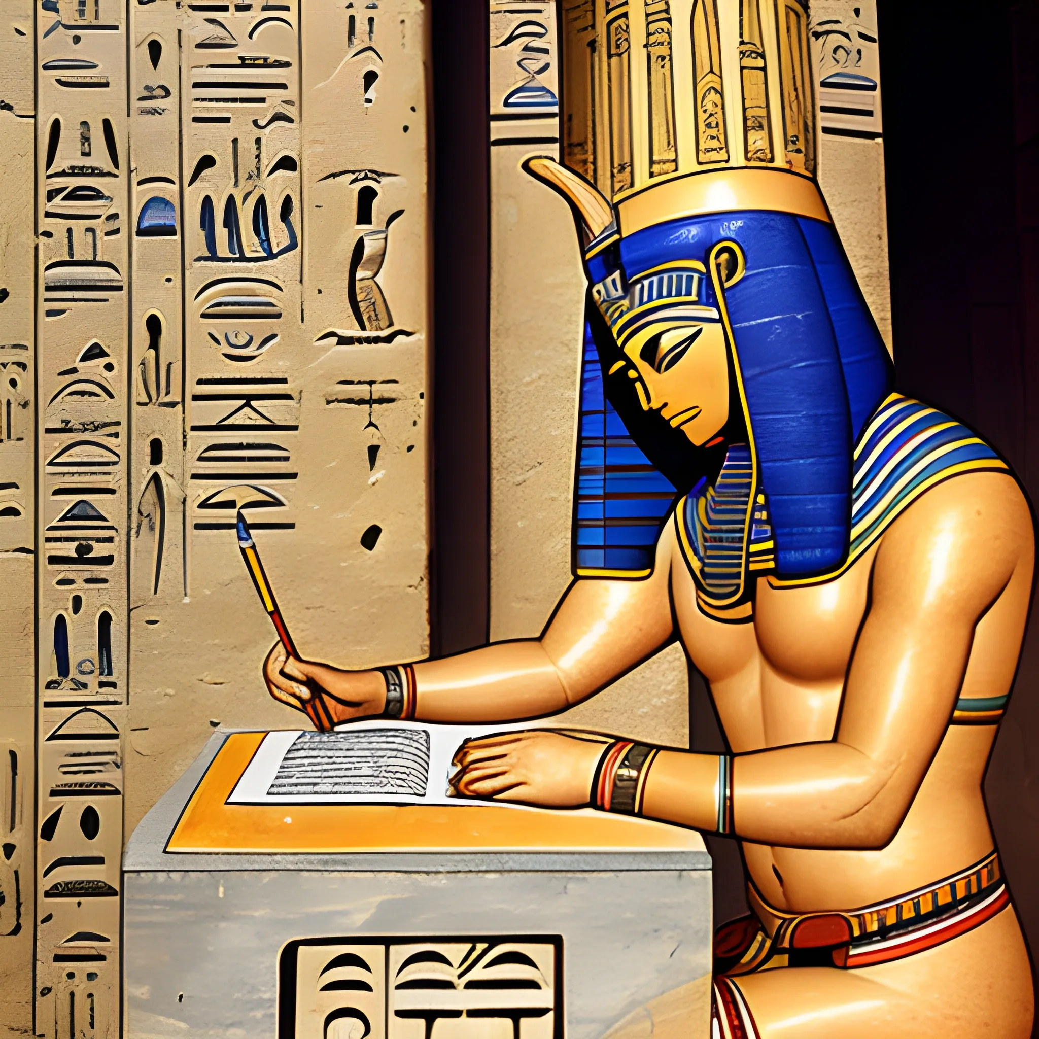 An egyptian scribe writing hyeorglyphs in a papyrous in a egyptian temple.