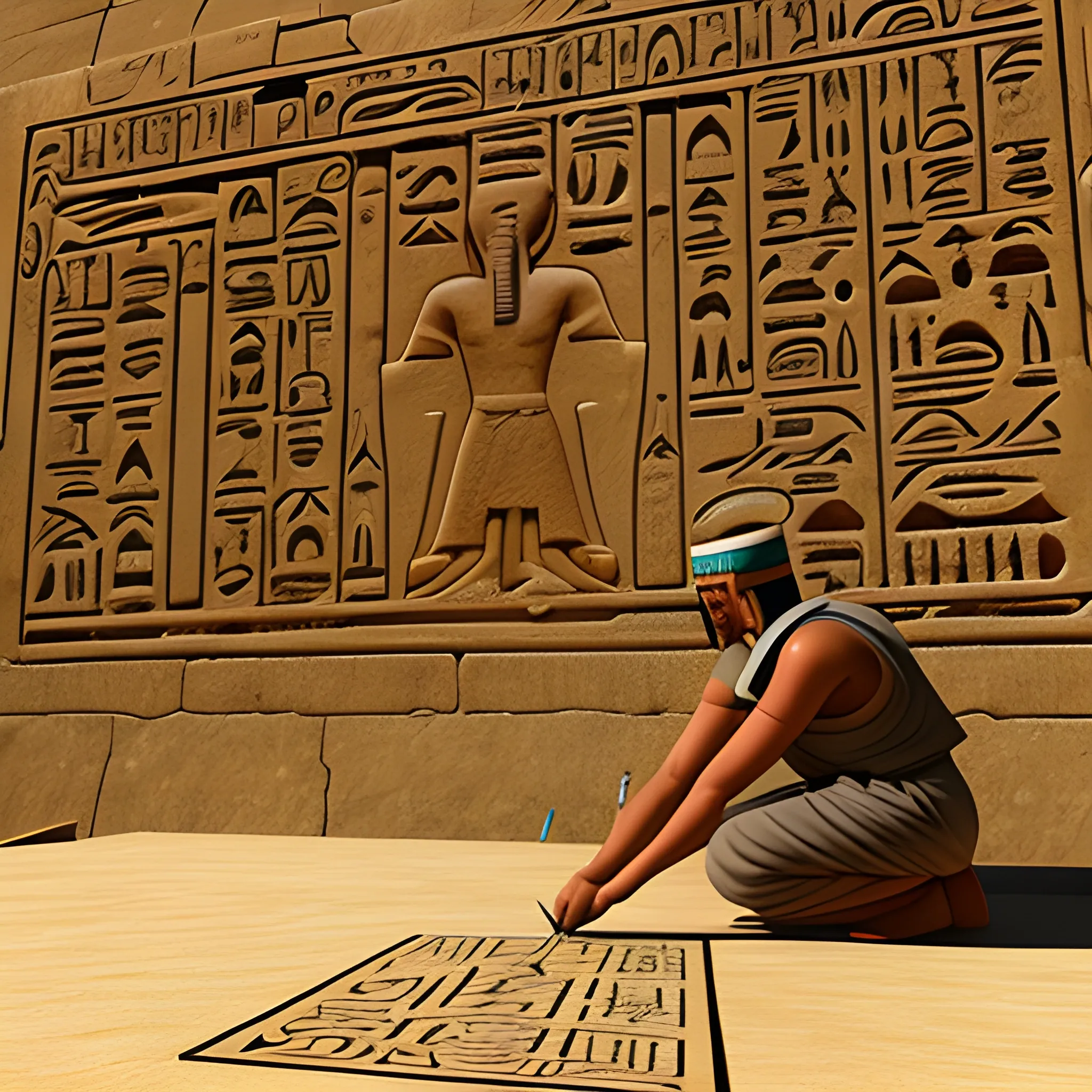 An egyptian scribe writing hyeroglyphs on a papyrous in an egyptian temple., 3D