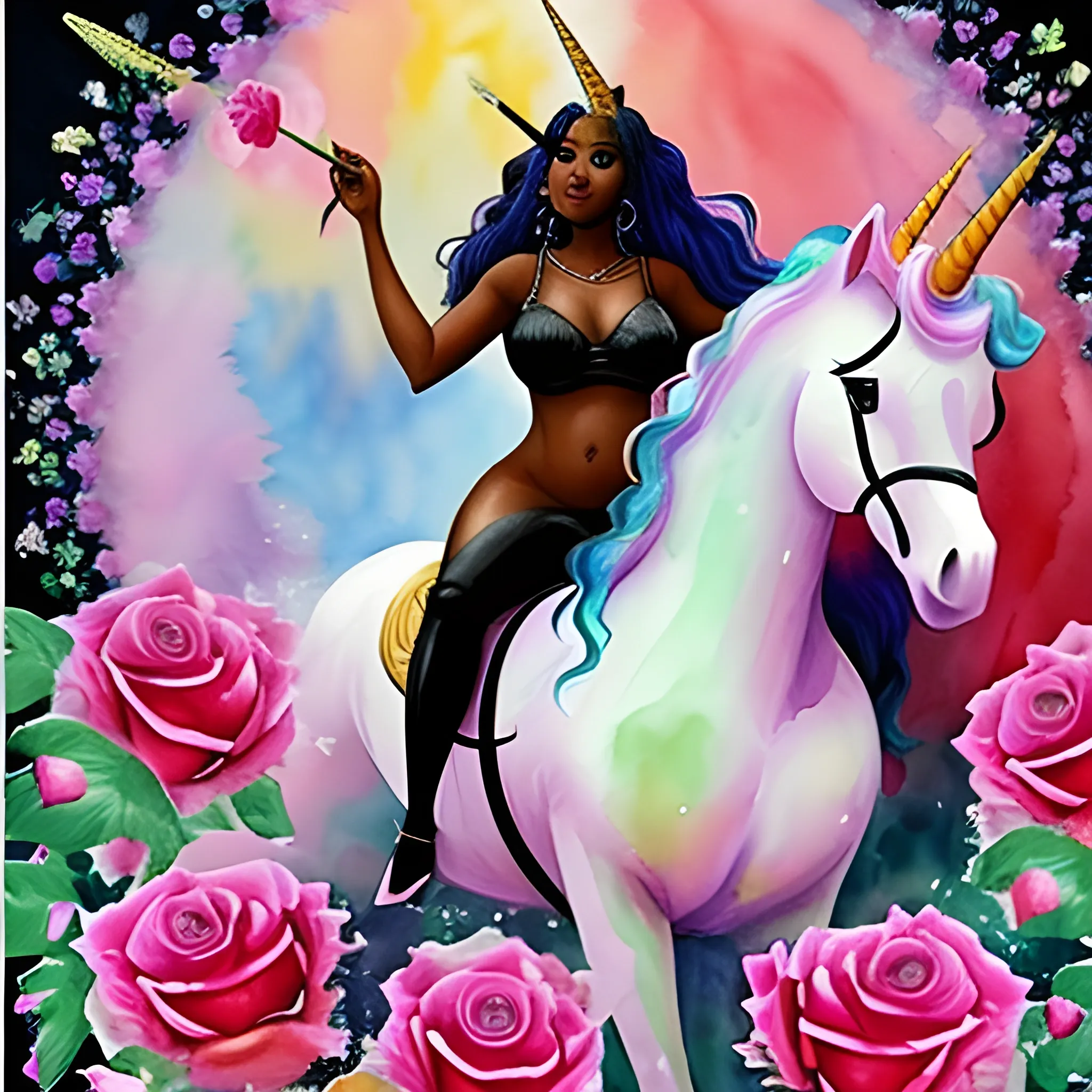 Gorgeous black woman riding a unicorn surrounded by a garden of luscious roses., Water Color, Trippy