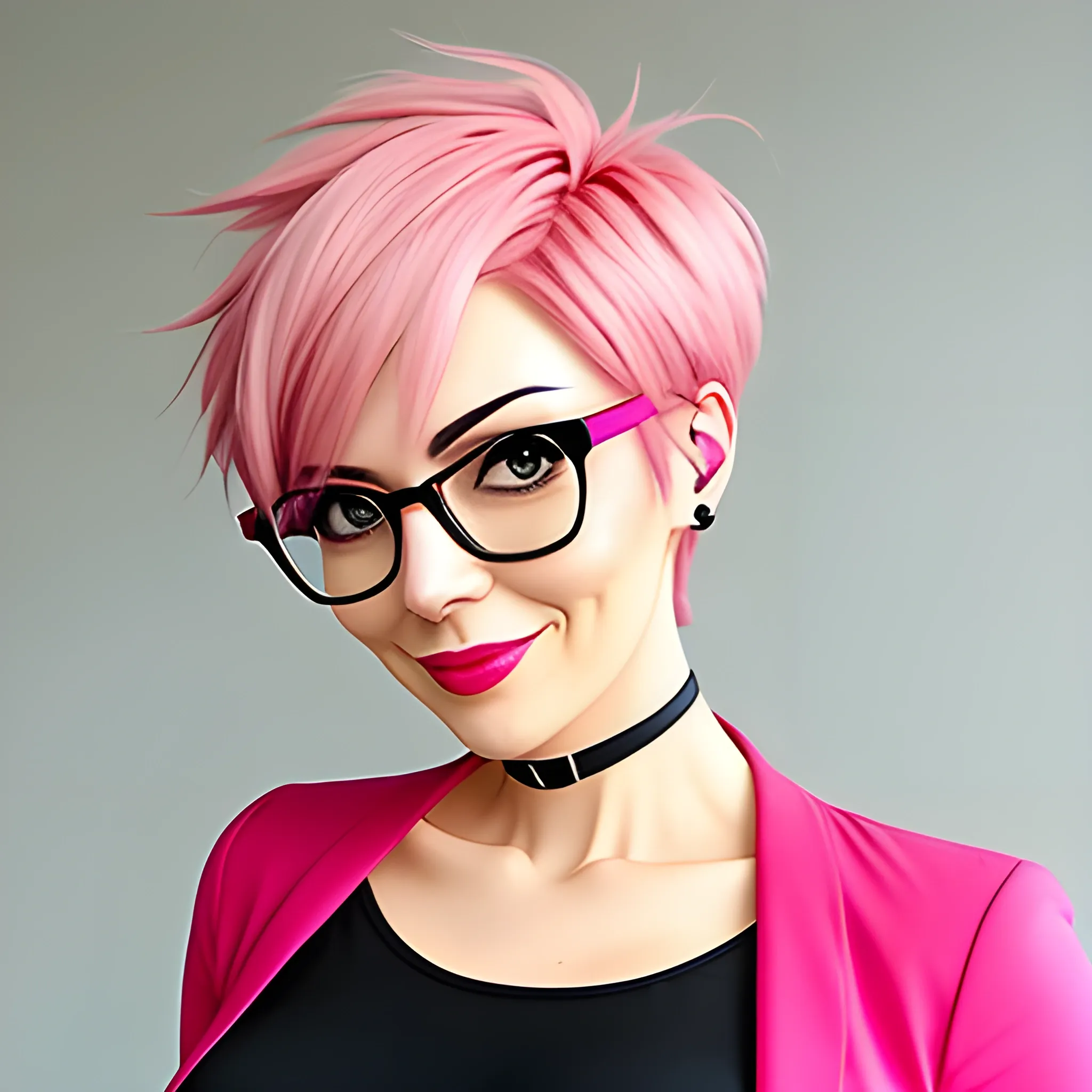 Girl with glasses, short, Pink hair, anime, cute